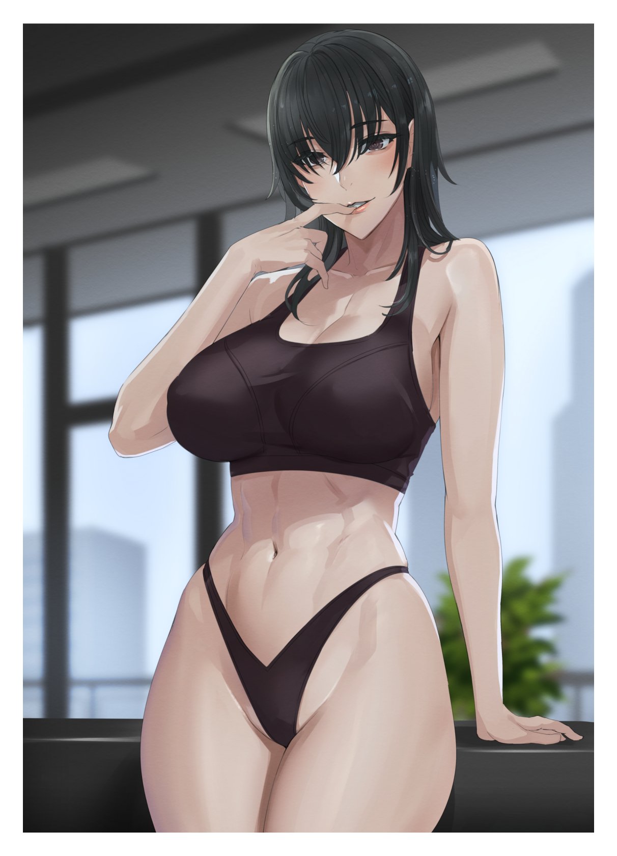 1girls abs belly black_hair brown_eyes cleavage damegane erect_nipples female finger_to_mouth fit fit_female huge_breasts looking_at_viewer navel original sports_bra thong voluptuous wide_hips