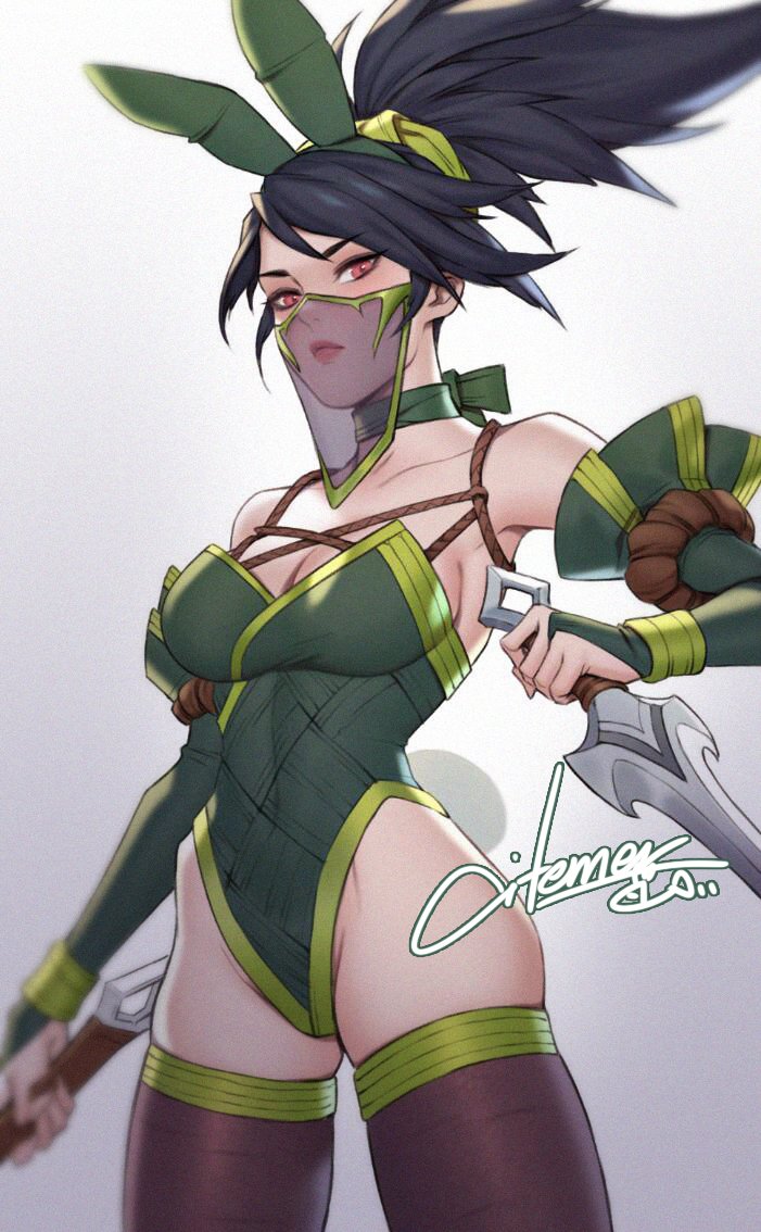 1girls, 2d, akali, assassin, black hair, breasts, bunny costume, bunny ears, bunny tail, bunnysuit, citemer, corset, elbow gloves, female, female only, front view, knife, league of legends, medium breasts, narrowed eyes, solo, tattoo, thighhigh muffin top, thighhighs, thighs, thong, weapon