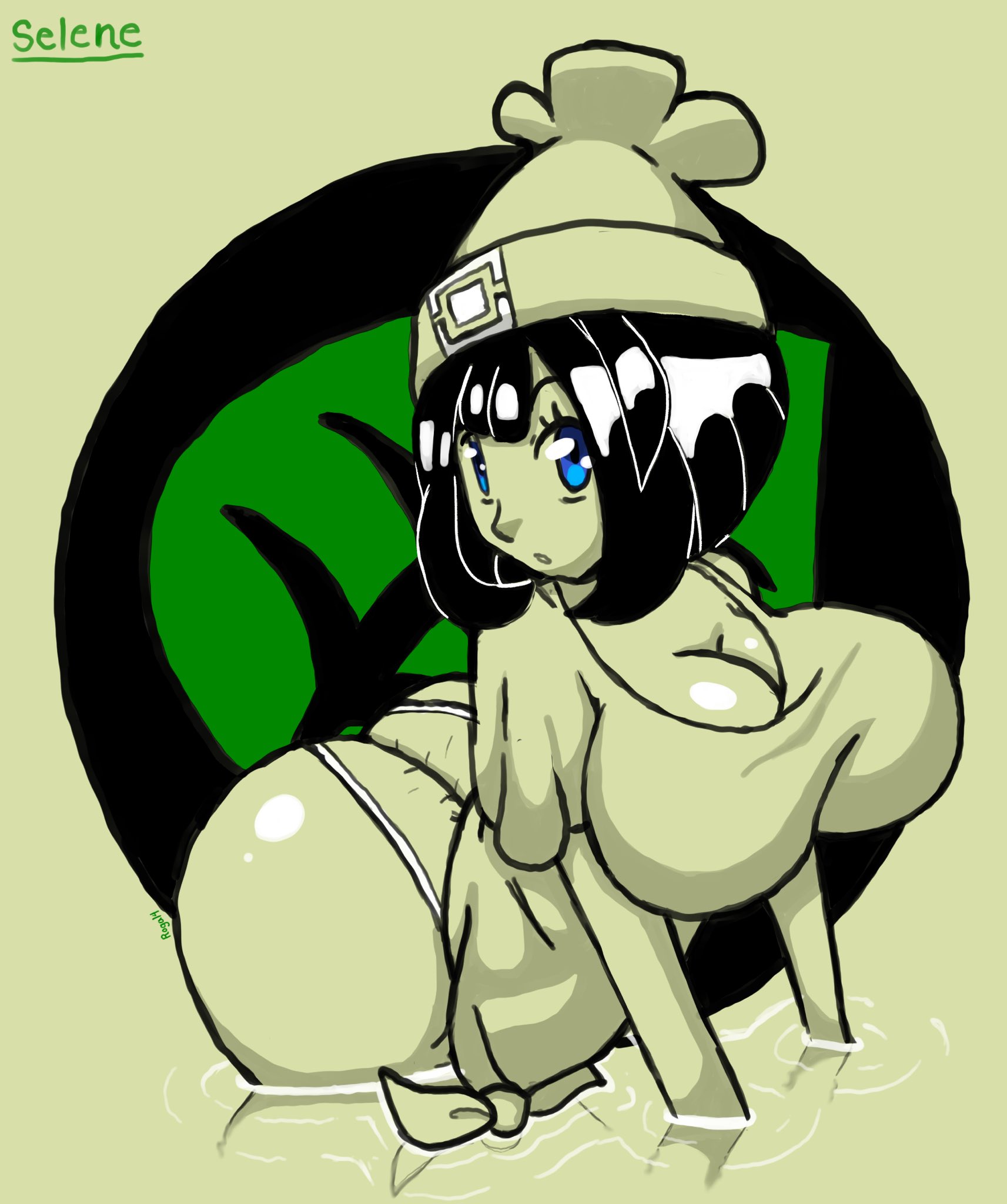 1girls, ass, ass bigger than head, big ass, big breasts, big butt, big cleavage, black hair, blue eyes, breasts, bubble ass, bubble butt, butt crack outline, eye contact, fat ass, female, female only, hat, huge ass, huge breasts, human, human only, large ass, large breasts, looking at viewer, medium hair, nintendo, no bra, panties, pokemon, pokemon sm, roga14, selene (pokemon), swimming, thick ass, thick thighs