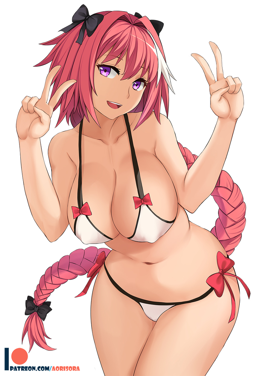 1girls aori_sora astolfo_(fate) big_breasts bikini busty cleavage double_v fate/grand_order fate_(series) female female_only large_breasts looking_at_viewer pink_hair rule_63 smile v voluptuous