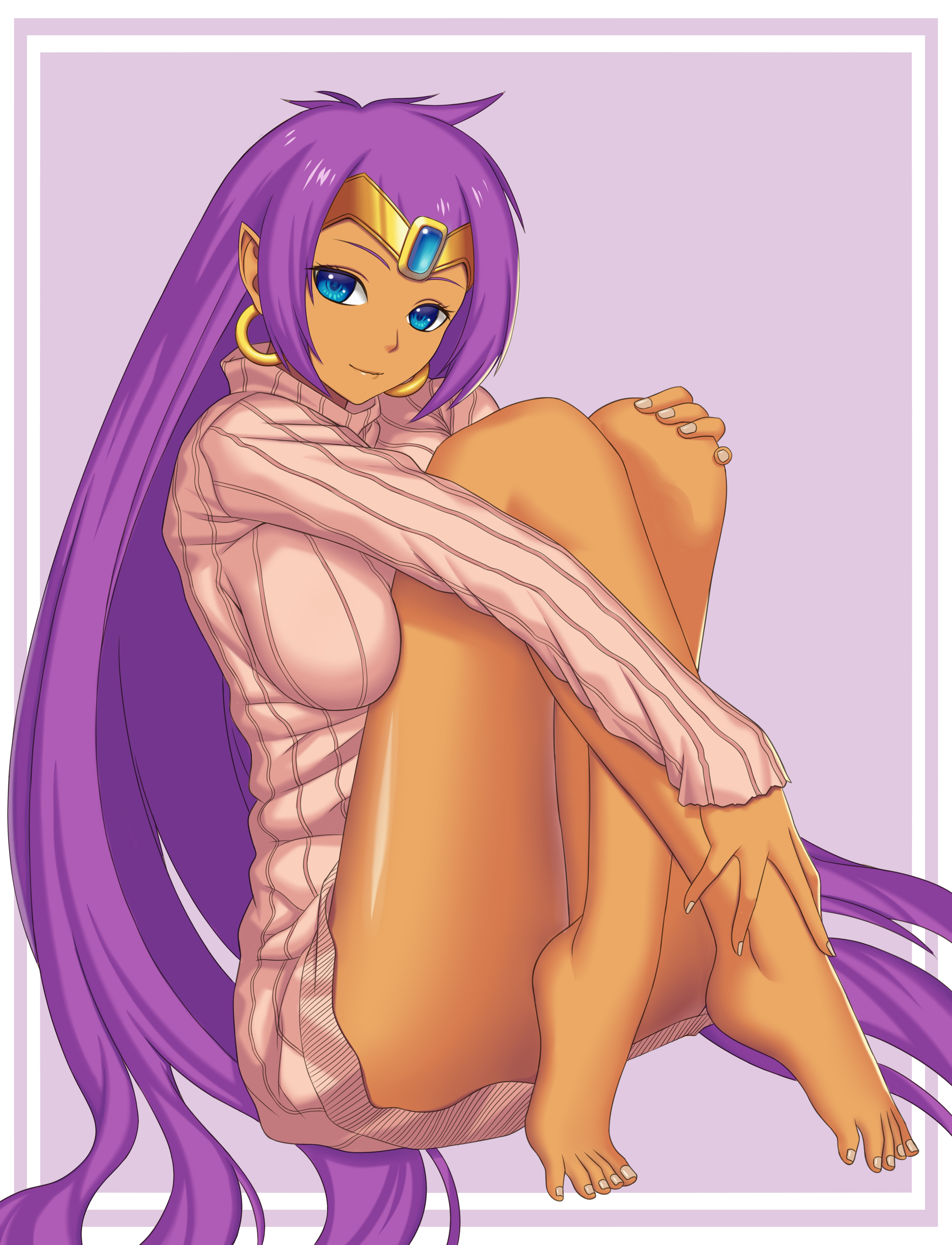 1girls, barefoot, blue eyes, breast press, breasts, brown skin, dark skin, earrings, feet, female, hair down, highres, hoop earrings, jewelry, knees to chest, long hair, long sleeves, looking at viewer, mixim reinart, pink sweater, pointy ears, purple hair, ribbed sweater, shantae, shantae (character), sitting, smile, smooth skin, solo, sweater, tan skin, thighs, tiara, toes, turtleneck, turtleneck sweater, very long hair