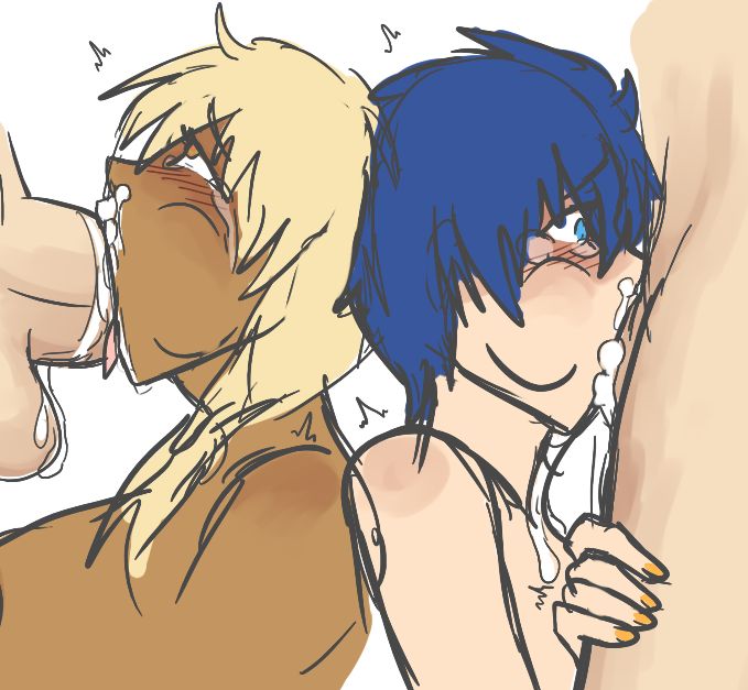 2boys, 2girls, aik (xxxx52), back to back, blonde hair, blue eyes, blue hair, brown eyes, competition, crying, crying with eyes open, cum in mouth, cum out nose, dark skin, dark-skinned female, deepthroat, fellatio, female, ganguro, gyaru, male, original, original character, questionable consent, short hair, xxxx52