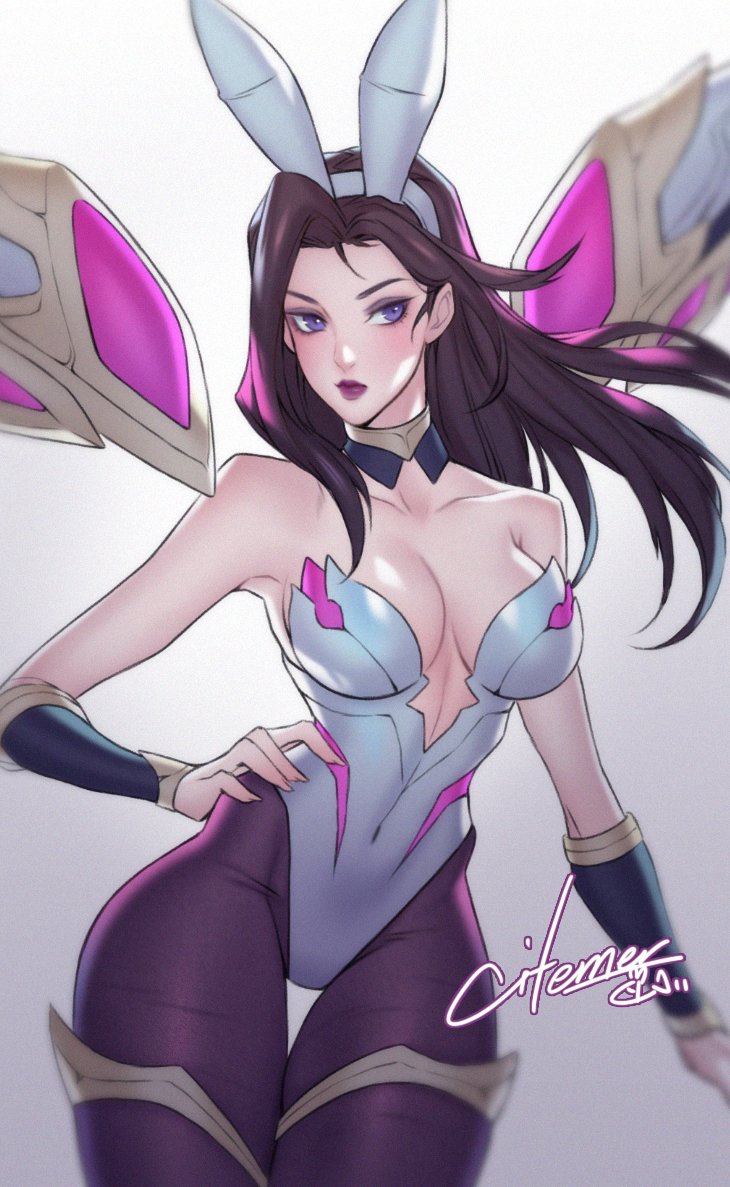 black hair, bunny costume, bunny ears, bunnysuit, citemer, corset, female, front view, hair, hourglass figure, kai'sa, league of legends, midriff, narrowed eyes, pantyhose, purple eyes, slender, slender waist