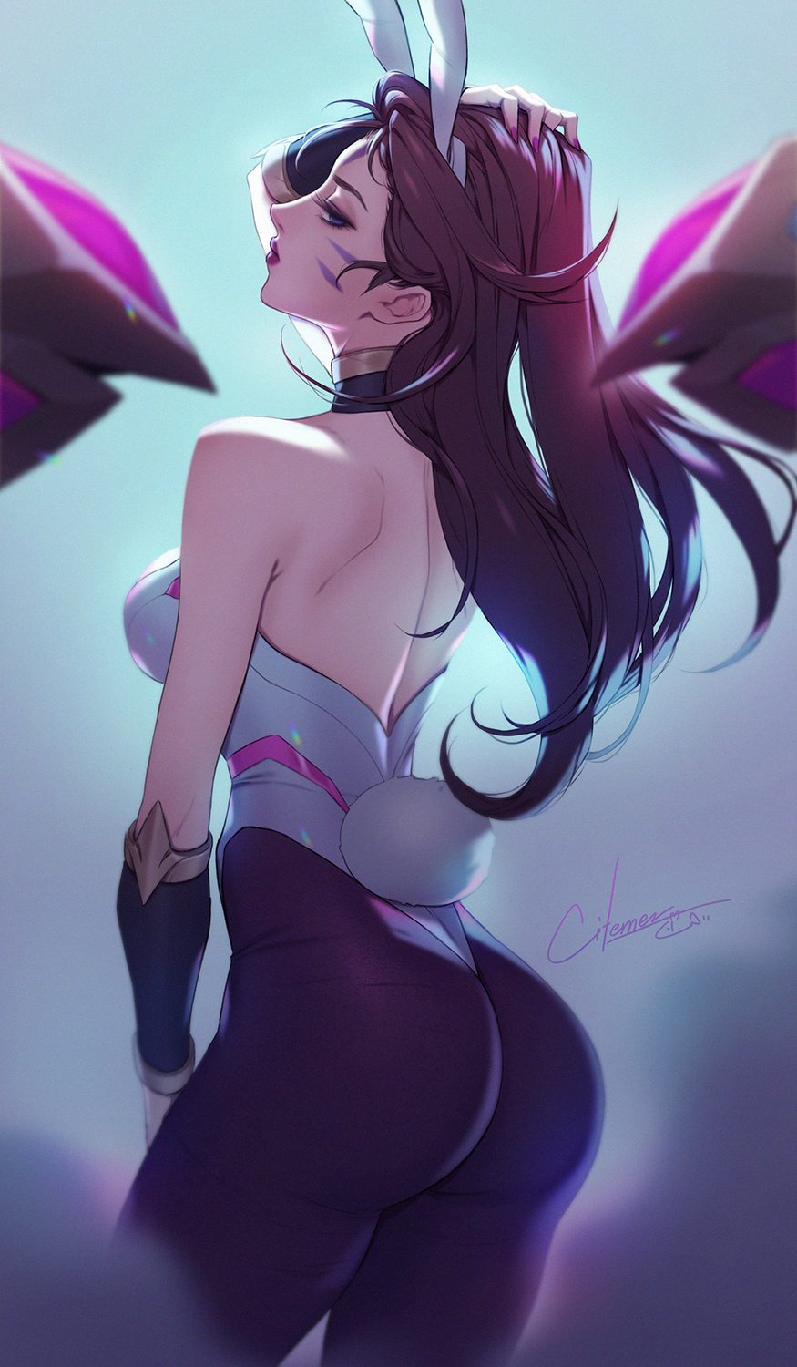 ass, back view, big ass, black hair, bunny costume, bunny ears, bunny tail, bunnysuit, citemer, corset, female, kai'sa, league of legends, narrowed eyes, pantyhose, purple eyes