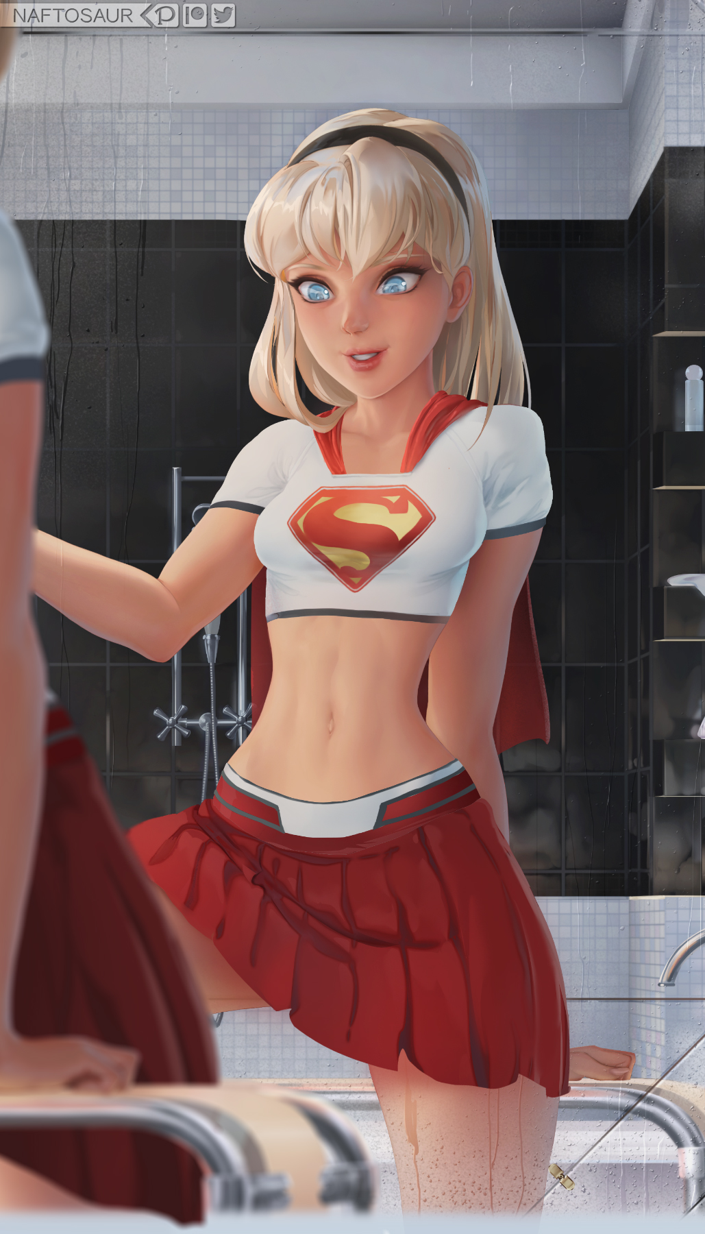 1girls abs bare_midriff blue_eyes capelet clothed dc dc_comics female female_only fully_clothed hairband kara_danvers kara_zor-el midriff midriff_baring_shirt miniskirt mirror mirror_image naftosaur navel platinum_blonde_hair reflection revealing_clothes skirt small_breasts supergirl