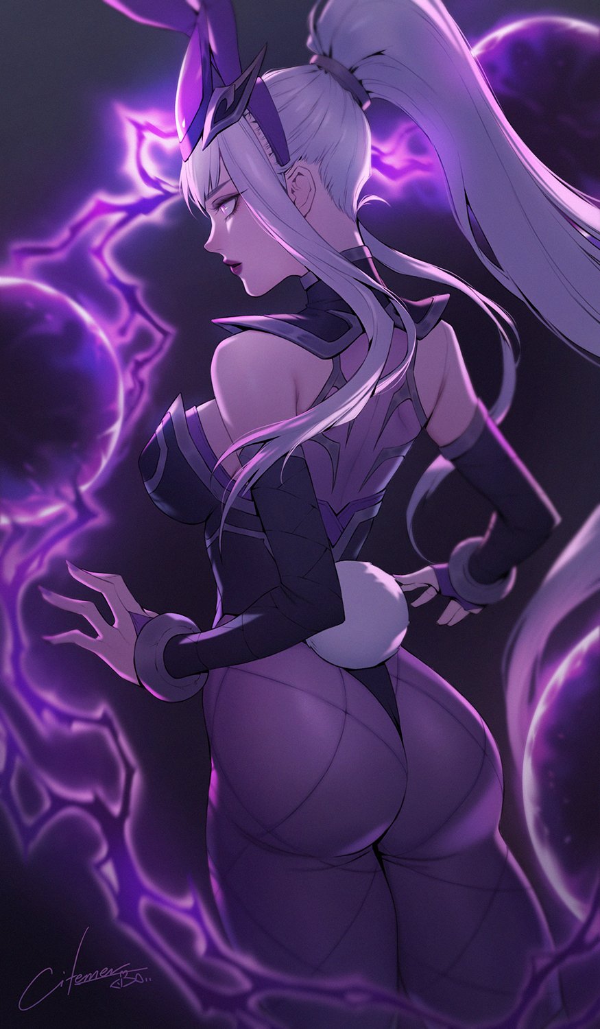 ass, back view, bunny costume, bunny ears, bunny tail, bunnysuit, citemer, corset, female, league of legends, narrowed eyes, pantyhose, purple eyes, syndra, white hair
