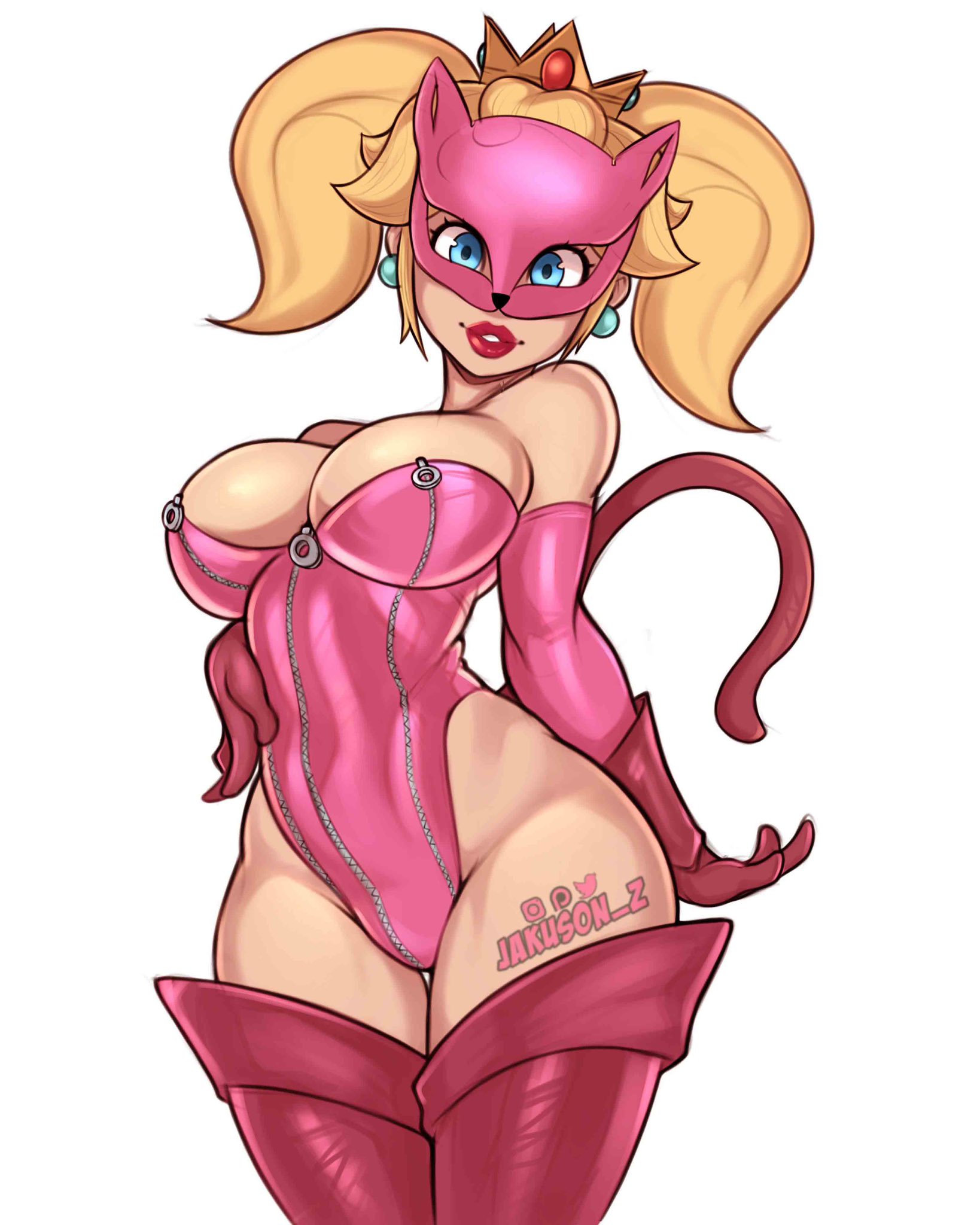 1girls, 2020, ann takamaki (cosplay), atlus, big breasts, blonde hair, blue eyes, breasts, cleavage, clothing, cosplay, crown, earrings, elbow gloves, eye contact, female, female focus, female only, gauntlets, gloves, handwear, high heel boots, highleg, highleg leotard, human, jakuson z, large breasts, legwear, leotard, lipstick, looking at viewer, mario (series), mask, nintendo, persona, persona 5, phantom thief suit, pink leotard, princess peach, raised tail, red lipstick, simple background, solo, standing, tail, thick thighs, thigh boots, thighhighs, thighs, tied hair, twintails, white background, wide hips, zettai ryouiki, zipper