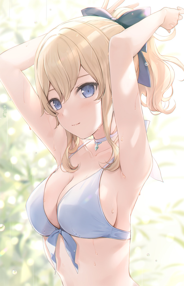 1girls, 6us, big breasts, bikini, blonde hair, blue eyes, blush, bra, breasts, choker, female, genshin impact, jean gunnhildr, solo, swimsuit