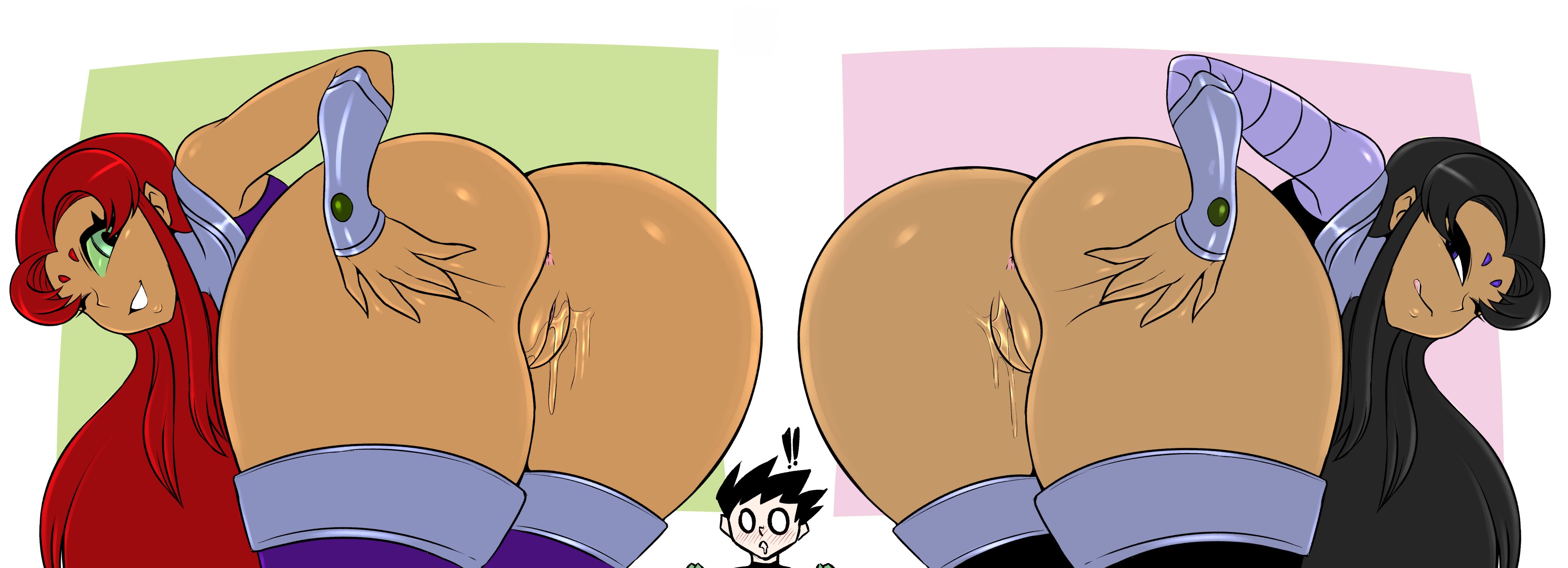 1boy, 2girls, alien girl, anus, ass, ass dough, ass grab, big ass, big butt, bimbo, black hair, blackfire, blush, bottom heavy, bottomless, bubble ass, bubble butt, cartoon network, clothed female, comic book character, dc, dc comics, deep skin, dick grayson, fat ass, female, green eyes, green sclera, huge ass, komand'r, koriand'r, large ass, long hair, male, male/female, one eye closed, presenting, presenting ass, presenting hindquarters, presenting pussy, pussy, red hair, robin (dc), robin (dick grayson), saltyxodium, starfire, superheroine, teen titans, teenager, thick ass, thick thighs, thighs