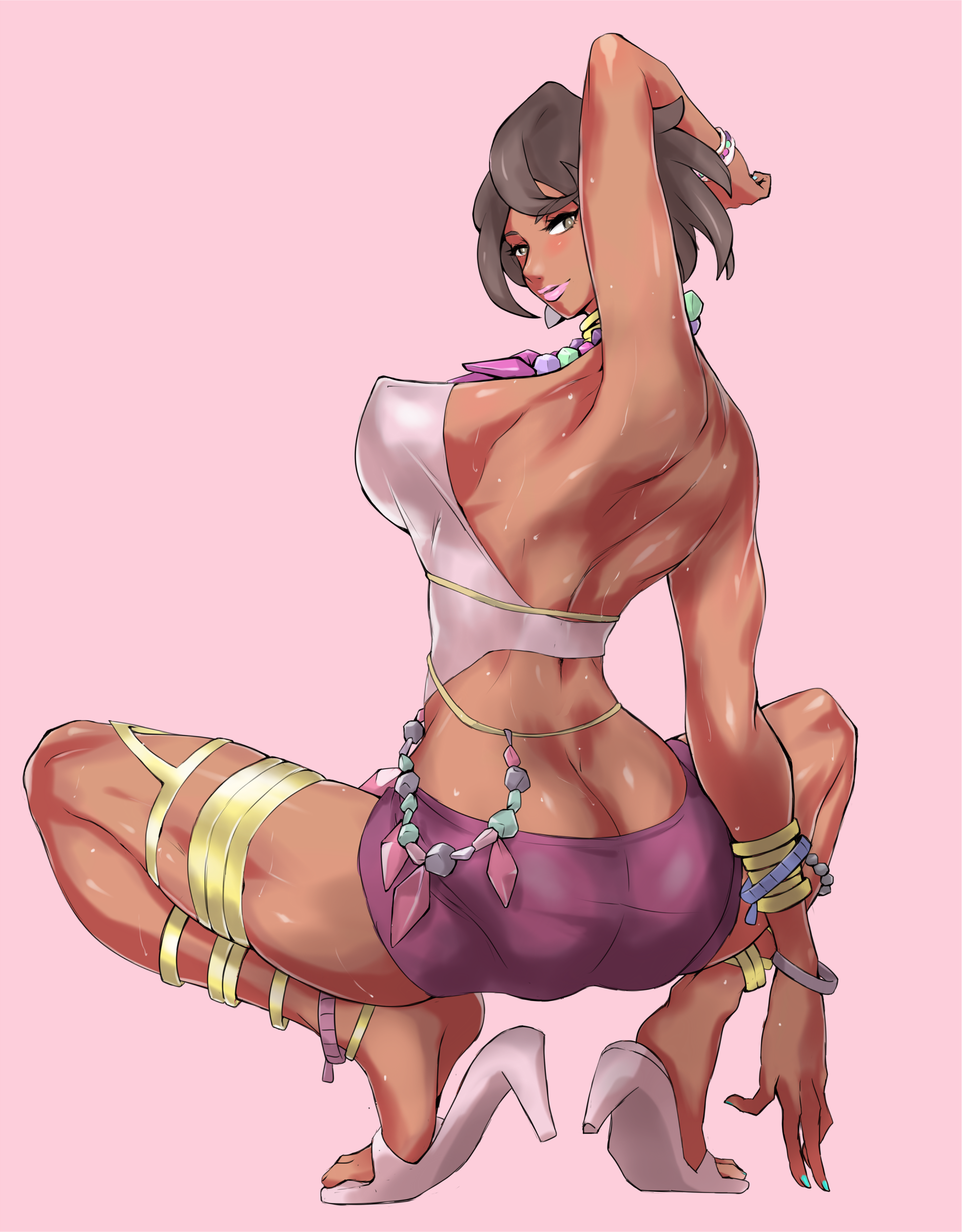 1girls, anklet, ass, ass hanging out, ass hanging out of shorts, big ass, big butt, black hair, blue nail polish, blue nails, blush, booty shorts, bracelet, breasts, dark skin, dark-skinned female, earrings, eye contact, female, grey eyes, huyamuyaz, jewelry, lipstick, looking at viewer, looking back, medium breasts, muscular, muscular female, nail polish, necklace, nintendo, nipples, nipples visible through clothing, olivia (pokemon), painted nails, pink hair, pink lips, pink lipstick, pokemon, pokemon sm, rope, seductive, short, short hair, short shorts, shorts, sideboob, squatting, sweat, thick thighs, thighs, thin waist, uya (yurukah), voluptuous, wet clothes