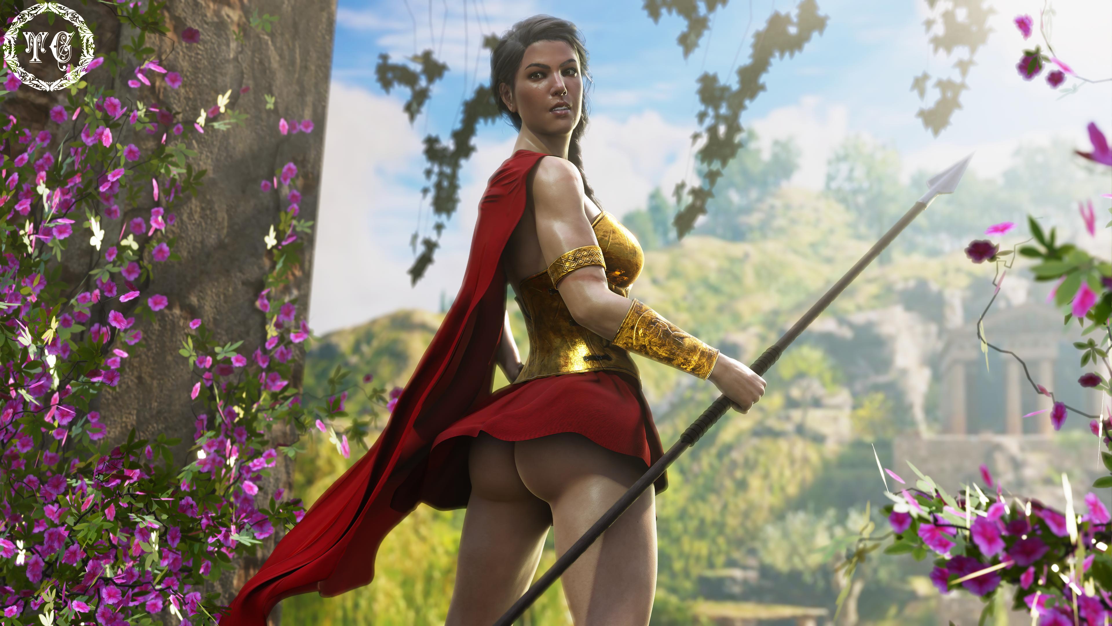 1girls, 3d, armor, ass, assassin's creed (series), assassin's creed odyssey, back turned, cape, female, female only, female protagonist, kassandra (assassin's creed), looking back, skirt, solo, solo female, spear, tagme, th3celtic, theceltic, ubisoft, weapon