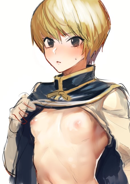 1girls blonde_hair blush breasts echigoya_takeru female female_kurapika female_only genderswap_(mtf) hunter_x_hunter kurapika nipples no_bra rule_63 simple_background small_breasts solo white_background