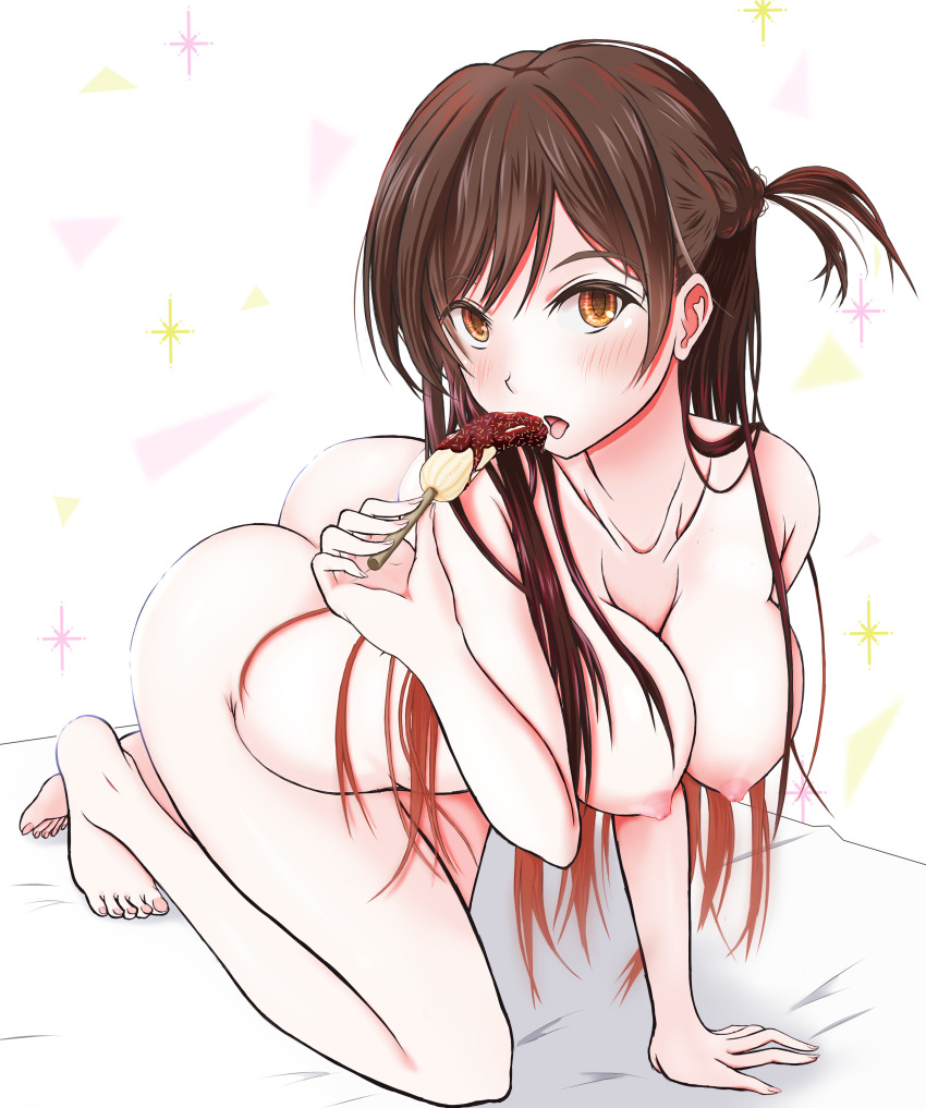 1girls, barefoot, breasts, brown hair, female, kanojo okarishimasu, large breasts, legs, light skin, light-skinned female, long hair, looking at viewer, mizuhara chizuru, naked, pale skin, pale-skinned female, popsicle, solo