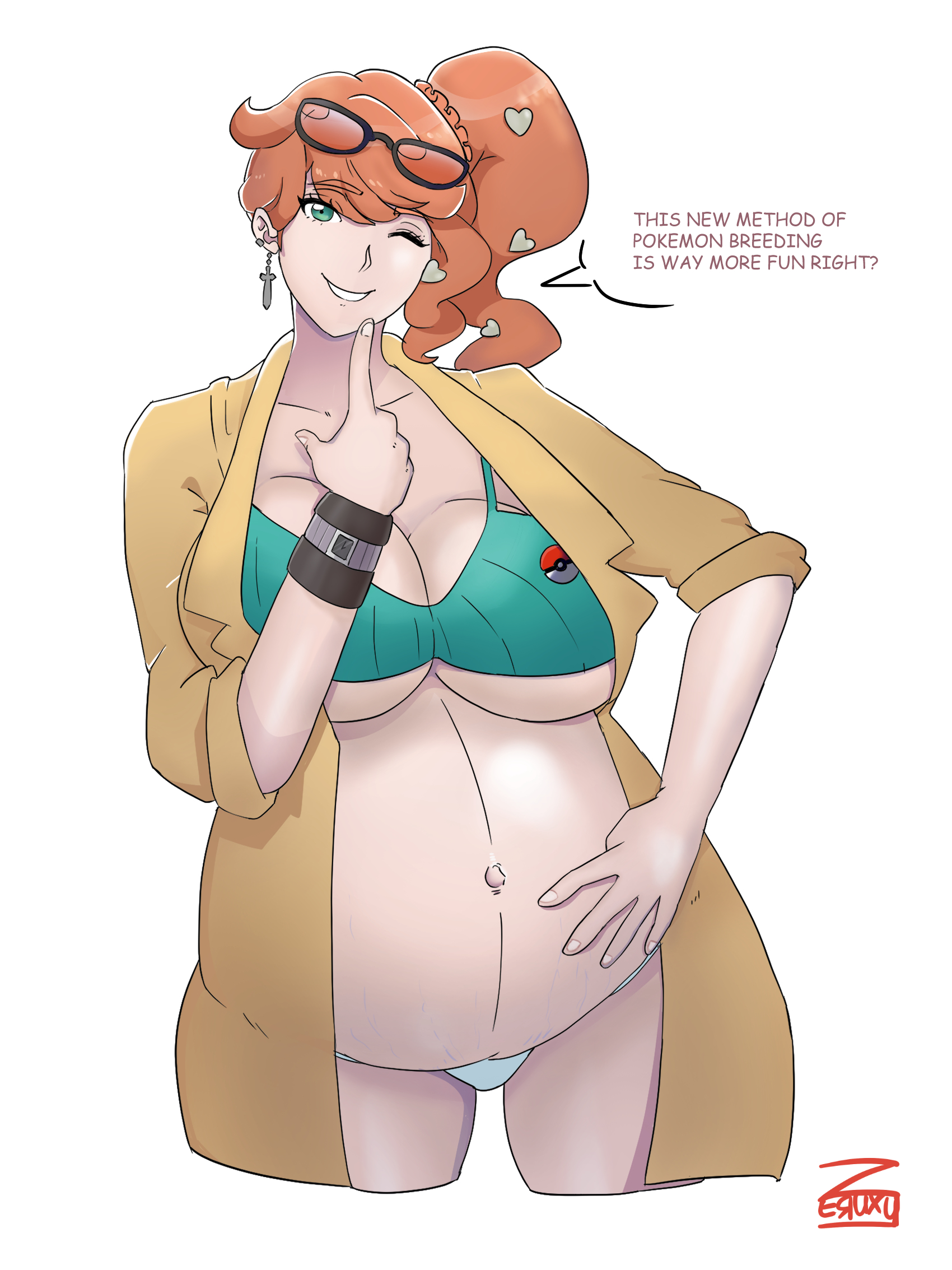 1girls, alternate breast size, big breasts, bra, breasts, cleavage, female, female only, huge belly, large breasts, looking at viewer, panties, pokemon, pokemon ss, pregnant, ready to pop, solo, sonia (pokemon), sunglasses on head, zeruxu