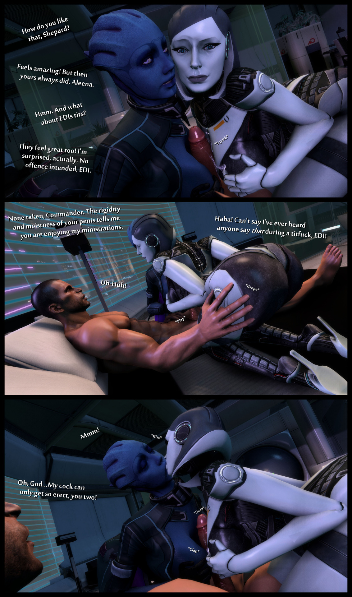 1boy, 2girls, 3d, alien, alien girl, android, asari, ass, between breasts, big ass, big breasts, bioware, bisexual, bisexual female, breasts, bust, busty, collaborative, collaborative paizuri, collaborative titfuck, comic, commander shepard, dialogue, double paizuri, edi, english, english text, female, foab30, huge breasts, interspecies, kissing, large breasts, male, maleshep, mass effect, mass effect 2, mass effect 3, mature, mature female, mature male, multiple females, multiple girls, outercourse, paizuri, robot, source filmmaker, straight, teamwork, text, voluptuous, wide hips