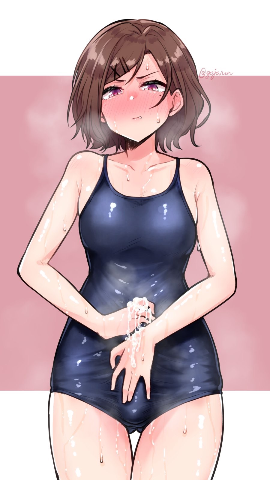 1futa, after orgasm, biting lip, blush, brown hair, bulge, clothed, crossdressing, cum, cum in clothes, cum on hand, cum through clothes, erection, erection under clothes, femboy, fully clothed, futanari, gojarun, higuchi madoka, human, idolmaster, idolmaster shiny colors, intersex, looking at viewer, male, masturbation, one-piece swimsuit, penile masturbation, penis, short hair, simple background, solo, solo futa, standing, steam, sweat, swimsuit, thigh gap, thighs, tight clothing, trap