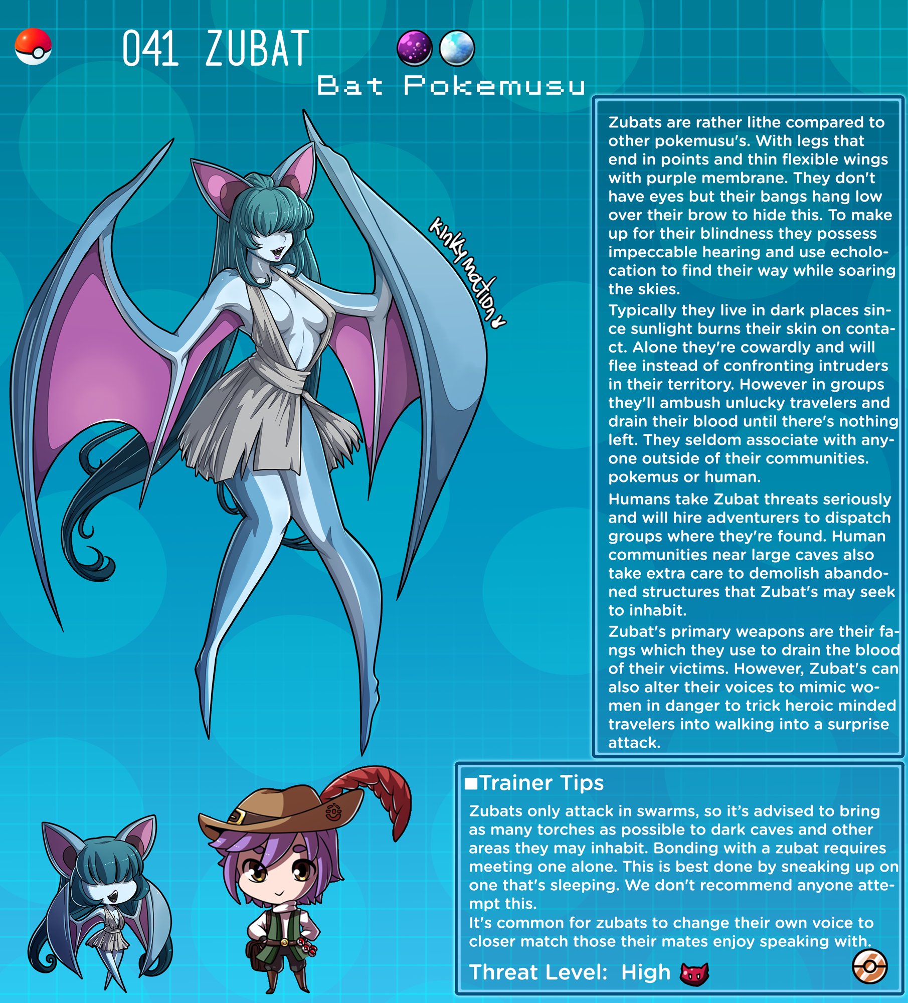 1boy, 1girls, bat, bat ears, bat girl, bat wings, blue hair, chiropteran, clothing, creature index, english text, female, hair covering eyes, humanized, kinkymation, long hair, male, monster girl, nintendo, page 41, pokémon (species), pokedex, pokemon, pokemon (species), pokemon-girl encyclopedia, pokemusu, profile, text, very high resolution, winged arms, zubat