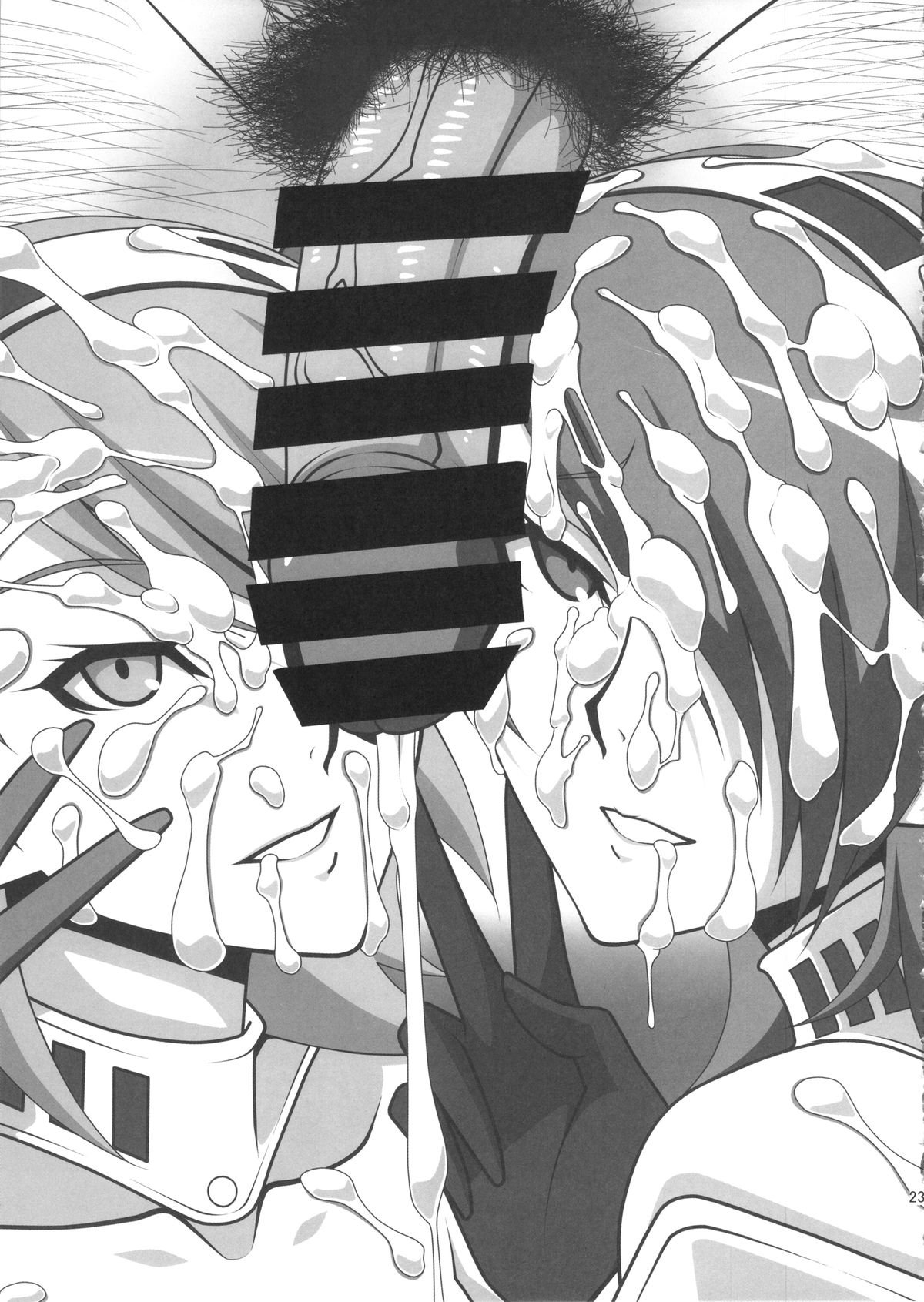 1boy, 2girls, armor, battle panties, big penis, censored, cum on face, cumshot, facial, female, headband, headgear, high-cut armor (persona), kamishakujii (poppenheim), male, mitsuru kirijo, mitsuru kirijo (sexy armor), monochrome, musk, musk clouds, musky, musky cock, official alternate costume, peace sign, penis, persona, persona 3, poppenhaimu, pubic hair, smell, smelly, smelly cock, smile, steam, steamy, sweat, sweatdrop, sweating, sweaty, yukari takeba