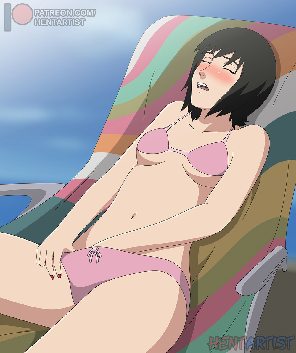1girls, bare shoulders, bikini, black hair, blush, breasts, chair, clavicle, closed eyes, female, female masturbation, female only, hand under clothes, hentartist, long hair, masturbation, moaning, nail polish, naruto, naruto (series), naruto shippuden, on chair, shizune, sitting, small breasts, solo, swimsuit, underboob