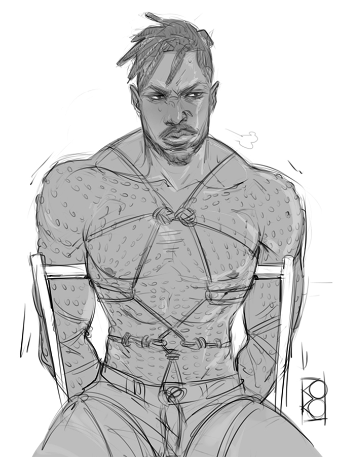 annoyed bara bare_chest black_panther_(series) bondage bound celebrity dark-skinned_male dark_skin dreadlocks erik_killmonger facial_hair kokoko-sir male male_only marvel marvel_cinematic_universe michael_b_jordan monochrome muscular_male partially_clothed rope_bondage scars sketch solo_male supervillain