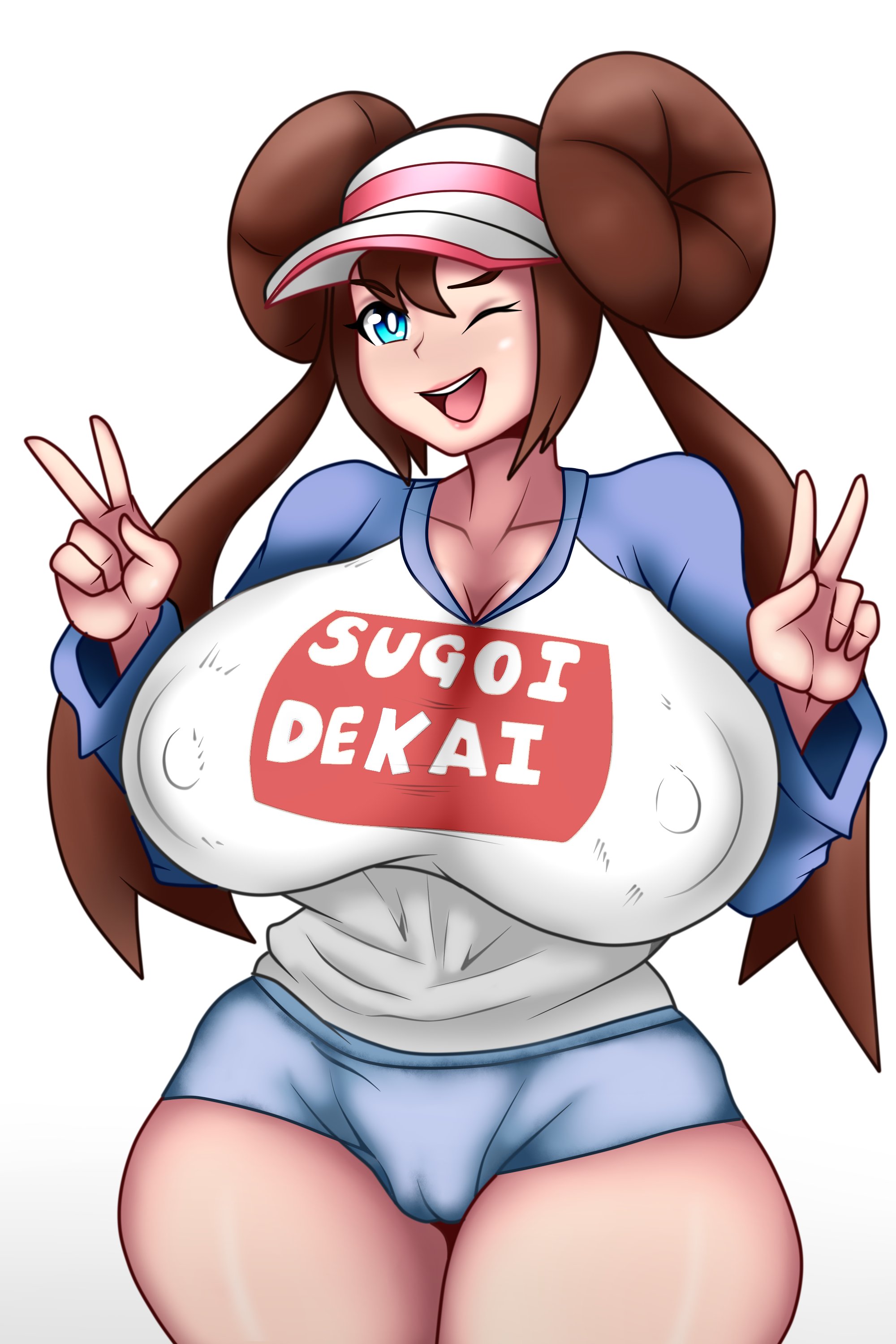 1girls, areola bulge, big breasts, blue eyes, breasts, brown hair, cameltoe, colored, cucarachaaa, double bun, eye contact, female, female only, huge breasts, large breasts, long hair, looking at viewer, nintendo, nipple bulge, one eye closed, peace sign, pokemon, pokemon bw2, pussy, rosa (pokemon), shorts, solo, sugoi dekai, thecon, thick thighs, thighs, twintails, v, v sign, white background