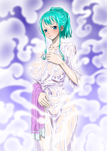 1girls, bathrobe, big breasts, breasts, female, female only, green hair, green-haired female, kozuki hiyori, nel-zel formula, one piece, towel, towel only