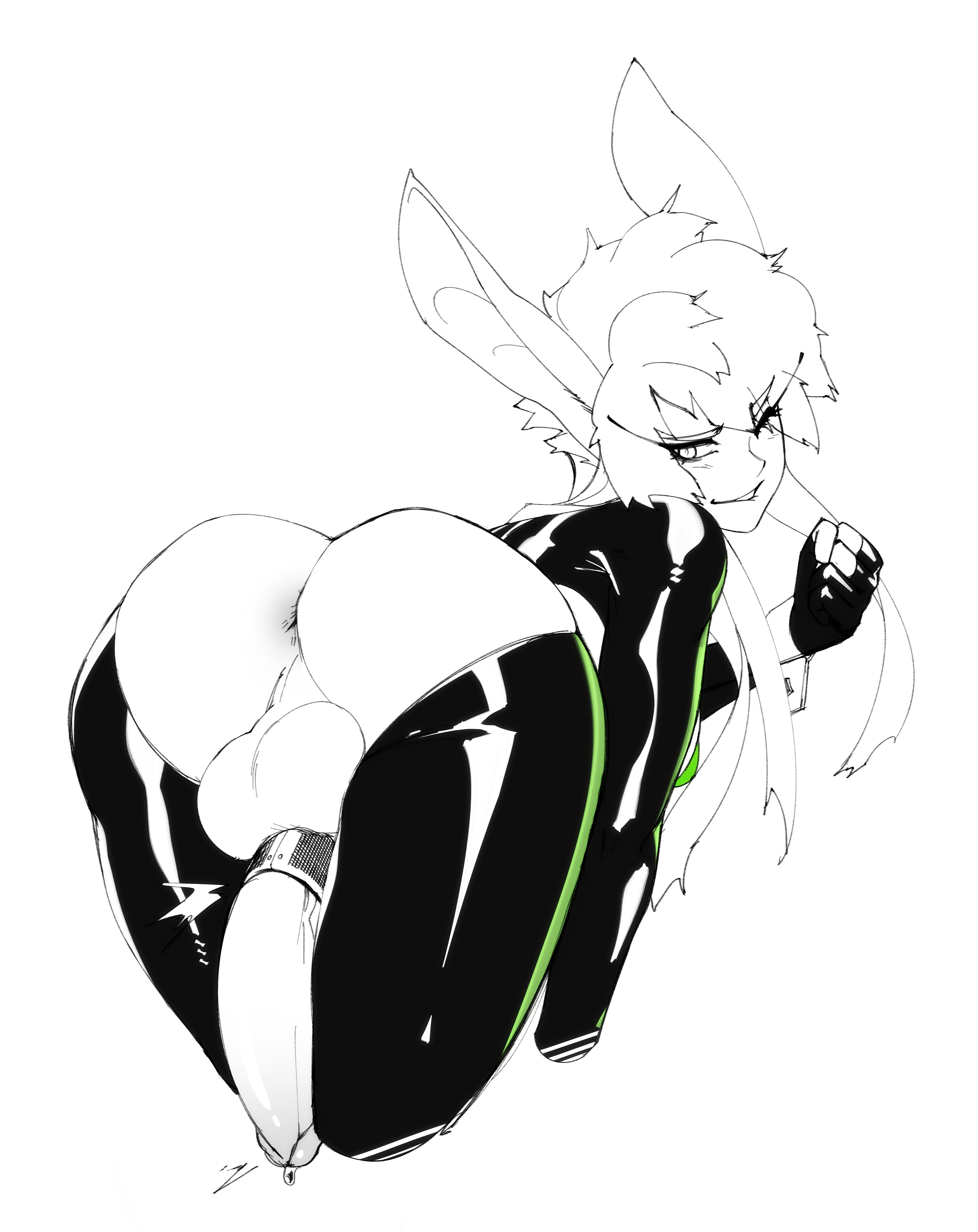 1girls, animal ears, animal humanoid, anthro, anus, ass, balls, bat ears, bent over, big penis, biting lip, bonburri, cock ring, cock-tail, dripping precum, erection, eyelashes, femboy, fingerless gloves, from behind, girly, kemonomimi, latex, latex suit, looking back, penis, precum, presenting hindquarters, reverse bunny costume, reverse bunnysuit, simple background, sketch, skin tight, solo, tight clothing, trap, white background