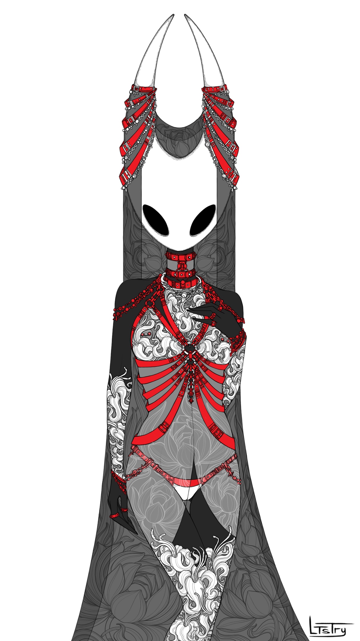 anthro, arthropod, black body, clothed, clothing, eyebrowless, female, female only, hollow knight, hornet (hollow knight), looking at viewer, ltstry, nipple piercing, nipples, pierced nipples, piercing, solid eyes, solo, team cherry, vessel (species), video games, white background, white underwear