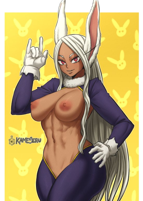 1girls, animal ears, areola, areolae, breasts, bunny ears, bunnysuit, dark skin, dark-skinned female, female, female focus, female only, kameseru, medium breasts, miruko, muscular, muscular female, my hero academia, red eyes, reverse bunnysuit, rumi usagiyama, solo, white hair, white-haired female