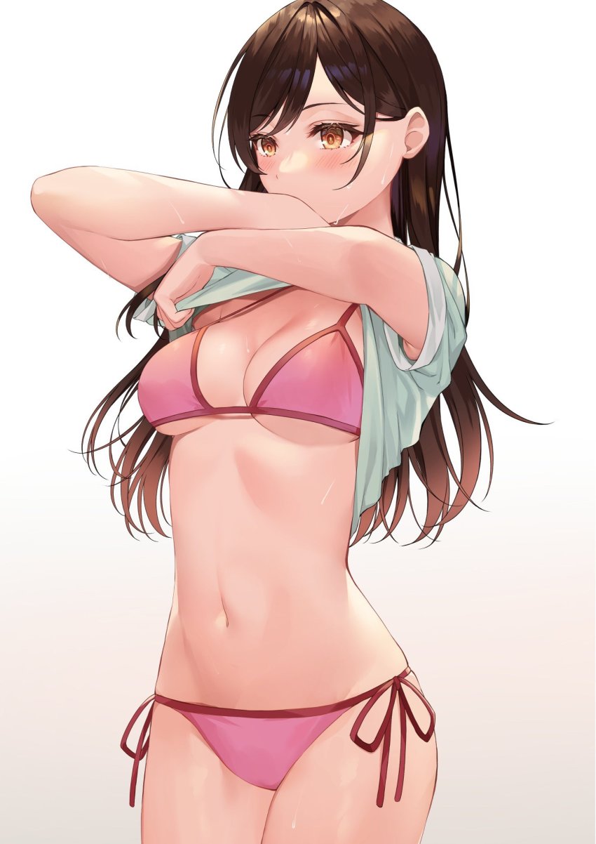 1girls bikini brown_hair female hizuki_higure kanojo_okarishimasu long_hair mizuhara_chizuru pink_bikini solo taking_clothes_off