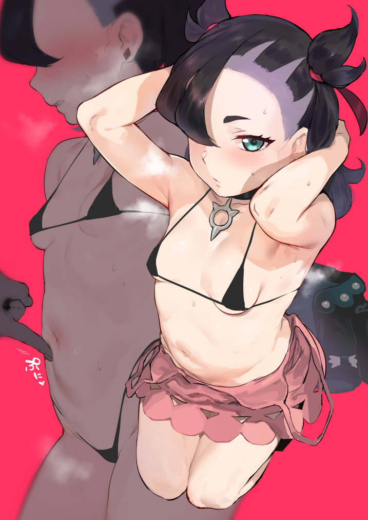 1girls, armpits, breasts, choker, female, iku (ikuchan kaoru), kneeling, light skin, marnie (pokemon), micro bikini, pokemon, pokemon ss, pose, skirt, small breasts, solo, steam, tagme, thick thighs, thighs