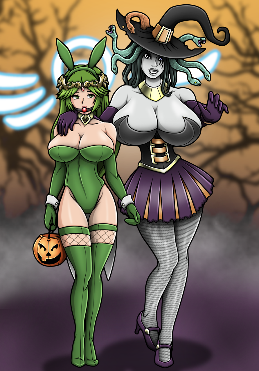 2girls ball_gag bunny_ears bunnysuit collar edit halloween halloween_basket halloween_costume hourglass_figure huge_breasts kid_icarus large_breasts medusa medusa_(kid_icarus) nintendo palutena playboy_bunny playboy_bunny_leotard re-maker remaker third-party_edit trick_or_treat witch_costume