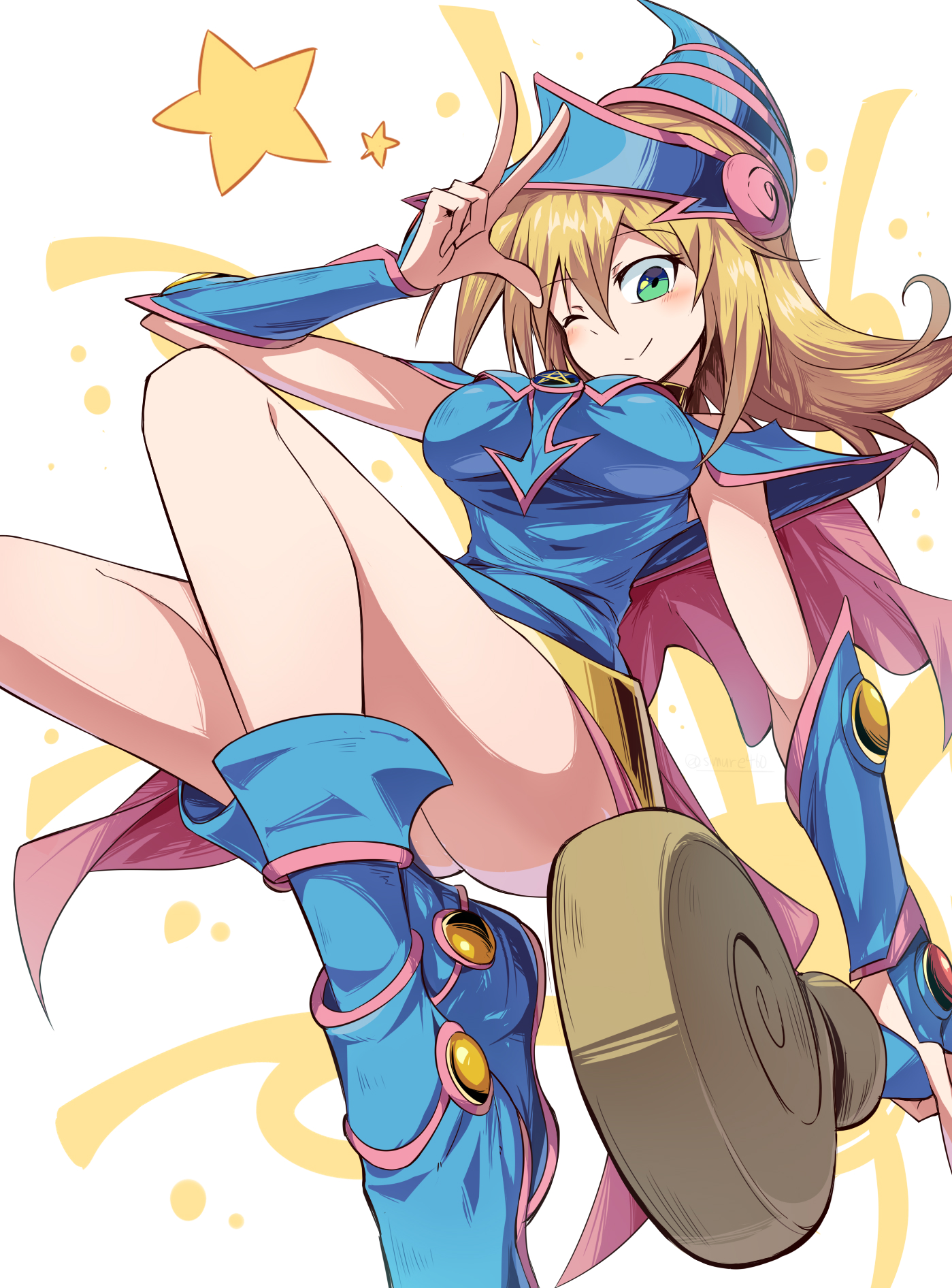 1girls, 2020, armlet, armpits, ass, bare shoulders, blonde hair, blue clothing, blush, boots, breasts, clothed, clothing, dark magician girl, eyebrows visible through hair, female, female only, green eyes, hat, highres, holding staff, holding weapon, jewelry, jpeg, looking at viewer, medium breasts, no panties, one eye closed, pentagram, pose, shimure (460), smile, solo, staff, star, suspension, thighs, w, weapon, wink, yu-gi-oh!