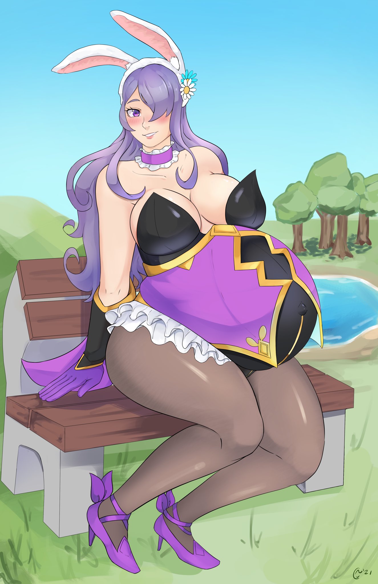 1girls alternate_costume big_breasts blush breasts bunny_ears bunny_girl bunnysuit camilla_(fire_emblem) camilla_(spring)_(fire_emblem) claraspregs cleavage female female_only fire_emblem fire_emblem_fates huge_belly large_breasts nintendo pregnant ready_to_pop solo