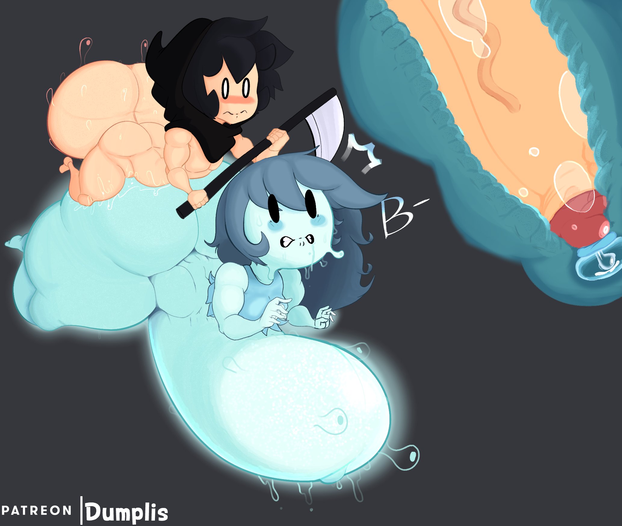 ass, ass bigger than head, balls, bulge, deep penetration, dumplis (artist), female, ghost, ghost girl, huge ass, huge balls, hyper penetration, hyper penis, hyper stomach bulge, internal view, jay (dumplis), large penis, long hair, male, mob face, penetration, penis, questionable consent, sex, short hair, shortstack, small but hung, spooky (shojs), spooky's house of jump scares, stomach bulge, straight, surprised, teapot (body type)