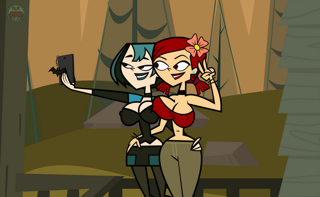 2girls, ass, ass grab, big breasts, breast press, breast squish, breasts, cleavage, detailed background, elinor the witch, ellissummer, female, female only, goth, green hair, gwen (tdi), hair ornament, hornyhobbit, huge breasts, mother-of-trolls, nipple bulge, phone, red hair, selfie, teal hair, thick thighs, total drama island, total drama: revenge of the island, wide hips, yuri, zoey (tdi)