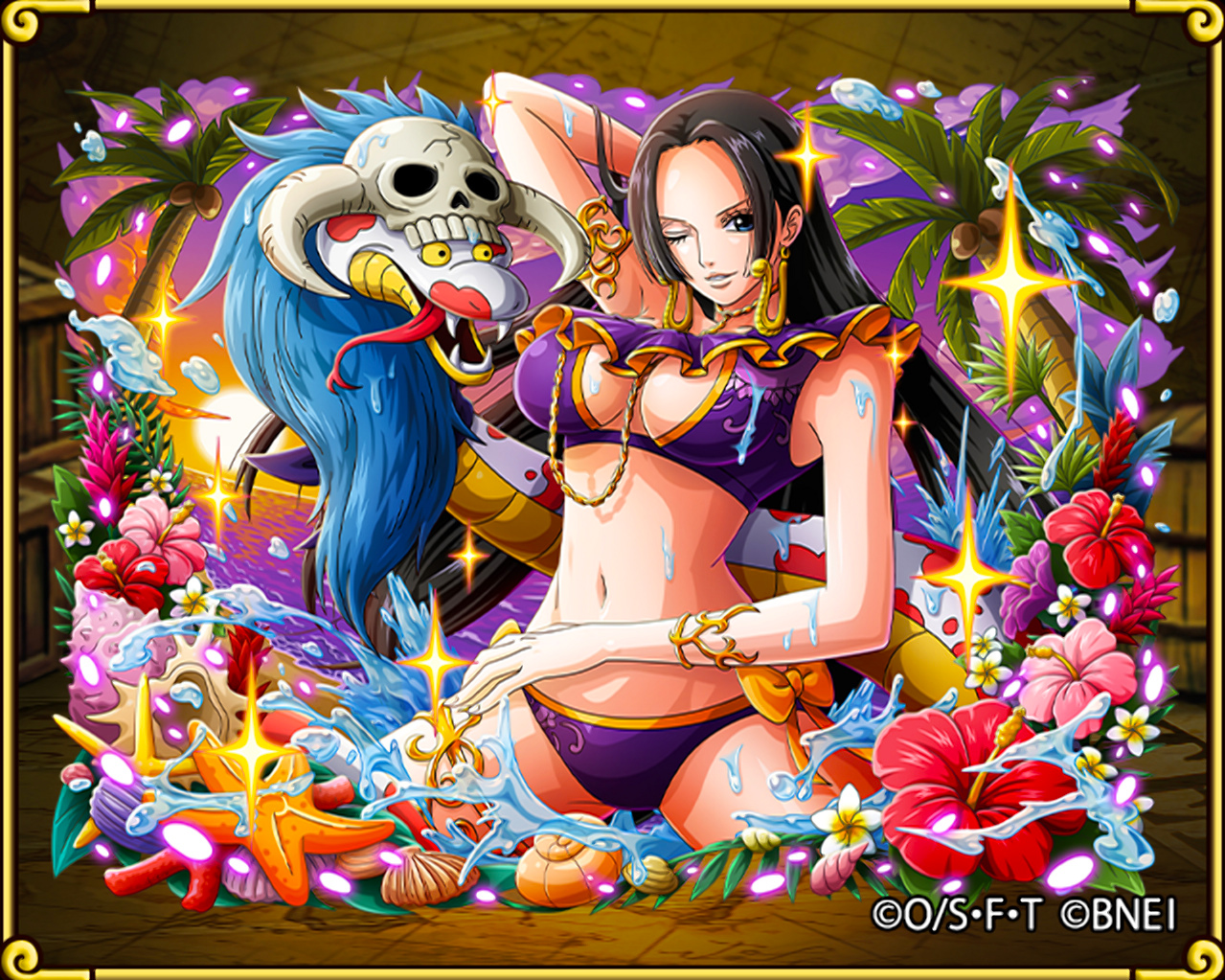 1girls, artist request, bikini, black hair, black-haired female, boa hancock, breasts, cleavage, empress, fat breasts, female, female only, flat belly, huge breasts, official art, one piece, one piece treasure cruise, snake, snake earrings, swimsuit, wink