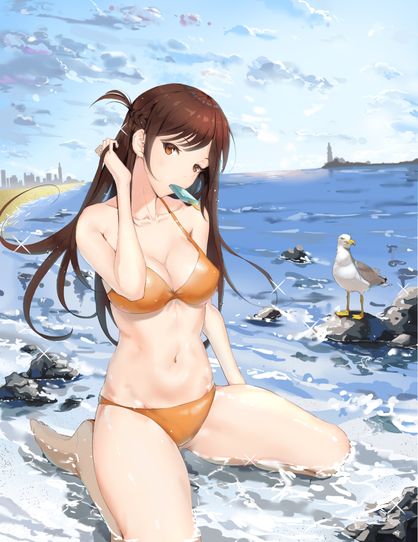 1girls, beach, bikini, female, kanojo okarishimasu, legs, mizuhara chizuru, popsicle, seagull, solo, thighs, water, yue blm