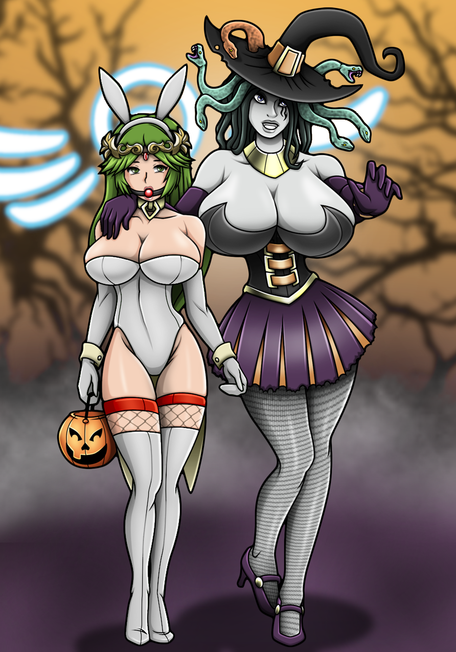 2girls alternate_color ball_gag bunny_ears bunnysuit collar edit halloween halloween_basket halloween_costume high_heels hourglass_figure huge_breasts kid_icarus large_breasts medusa medusa_(kid_icarus) nintendo palutena playboy_bunny playboy_bunny_leotard re-maker remaker third-party_edit trick_or_treat witch_costume