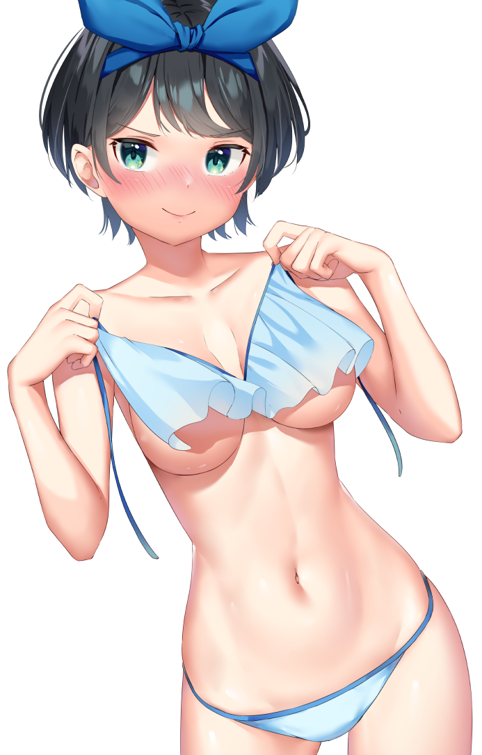 1girls big_breasts bikini black_hair blue_bikini blush breasts headband k_mugura kanojo_okarishimasu sarashina_ruka short_hair smirk solo