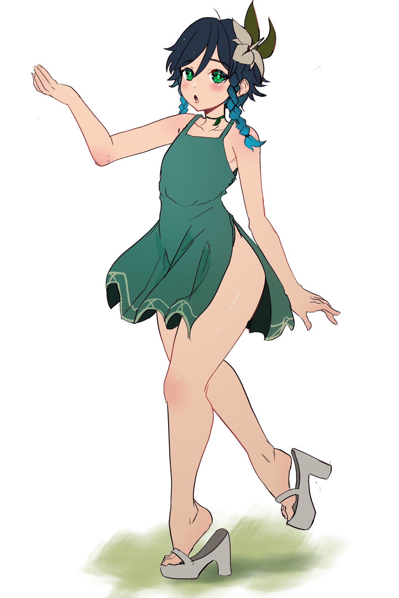 1boy, blue hair, braid, crossdressing, dress, feet, femboy, foxxarius, genshin impact, girly, green eyes, high heels, male, male focus, male only, thick, trap, twin braids, venti (genshin impact)