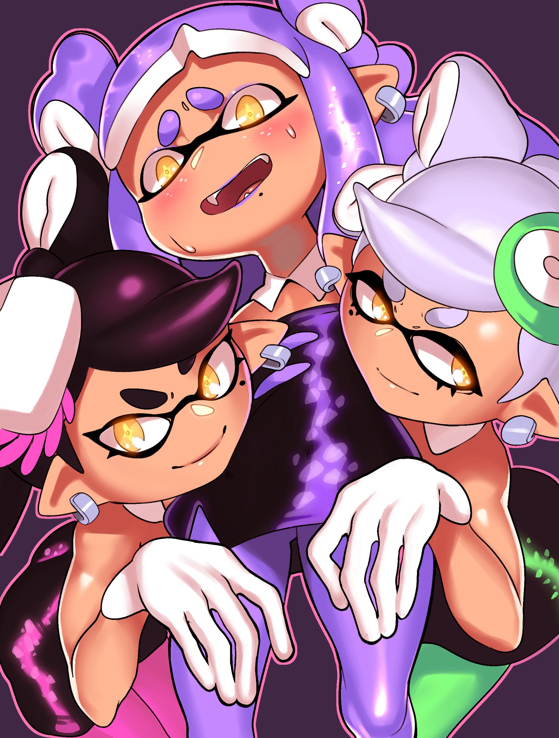 1boy, 2girls, blush, blushing at viewer, callie (splatoon), combos-n-doodles, crossdressing, embarrassed, female, femboy, inkling, inkling boy, male, marie (splatoon), purple lips, purple lipstick, sissy, smooth skin, smug, splatoon, squid sisters, submissive, trap, yellow eyes