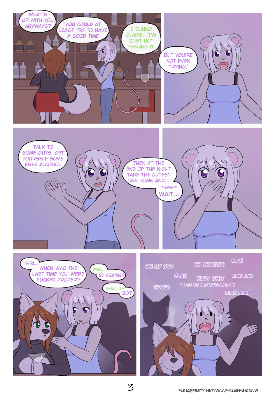 2girls anthro audrey_(woofyrainshadow) canine club comic duo english_text female female_only furaffinity_username furry page_3 rodent text woofyrainshadow