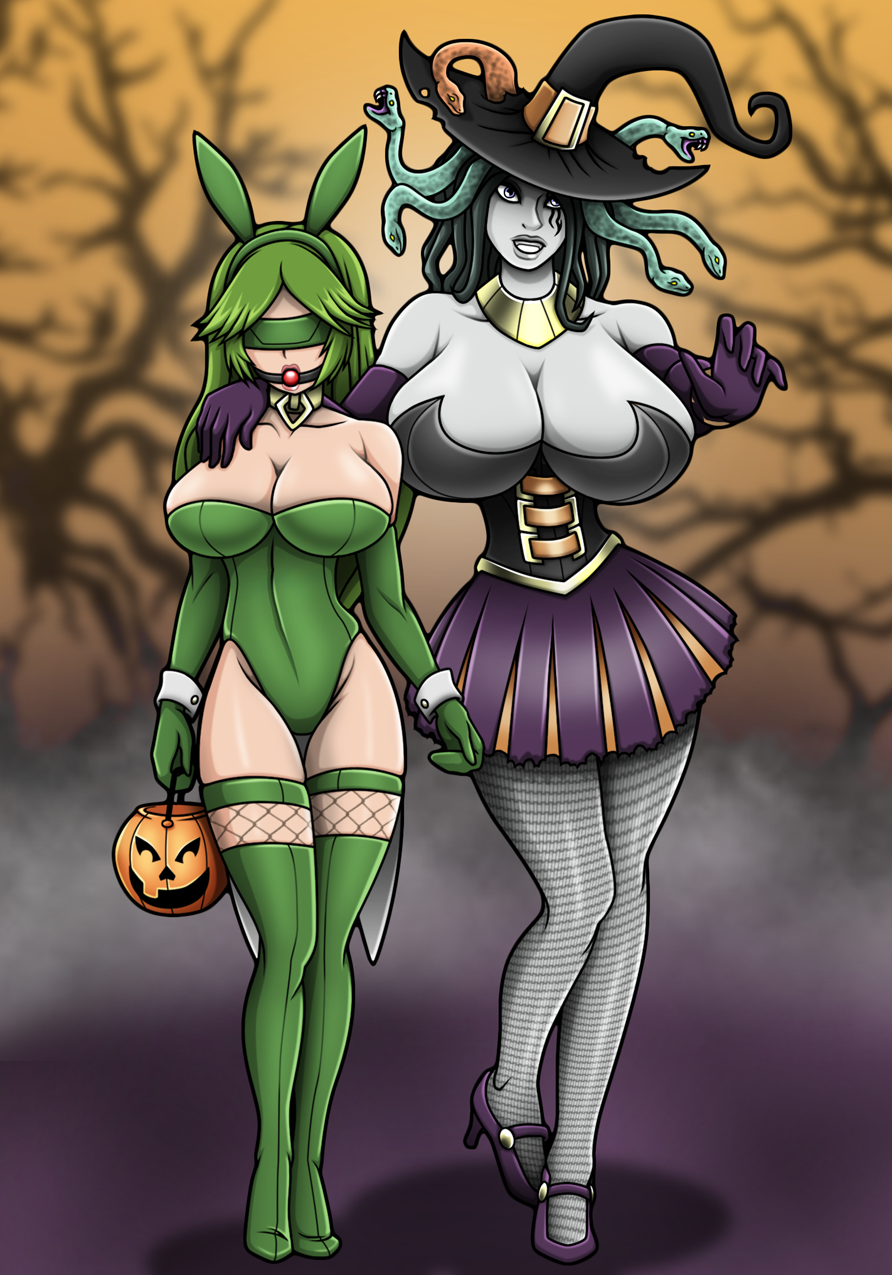 2girls ball_gag ballgag blindfold bunny_ears bunnysuit collar halloween halloween_basket halloween_costume hourglass_figure huge_breasts kid_icarus large_breasts medusa medusa_(kid_icarus) nintendo palutena playboy_bunny playboy_bunny_leotard re-maker remaker trick_or_treat witch_costume