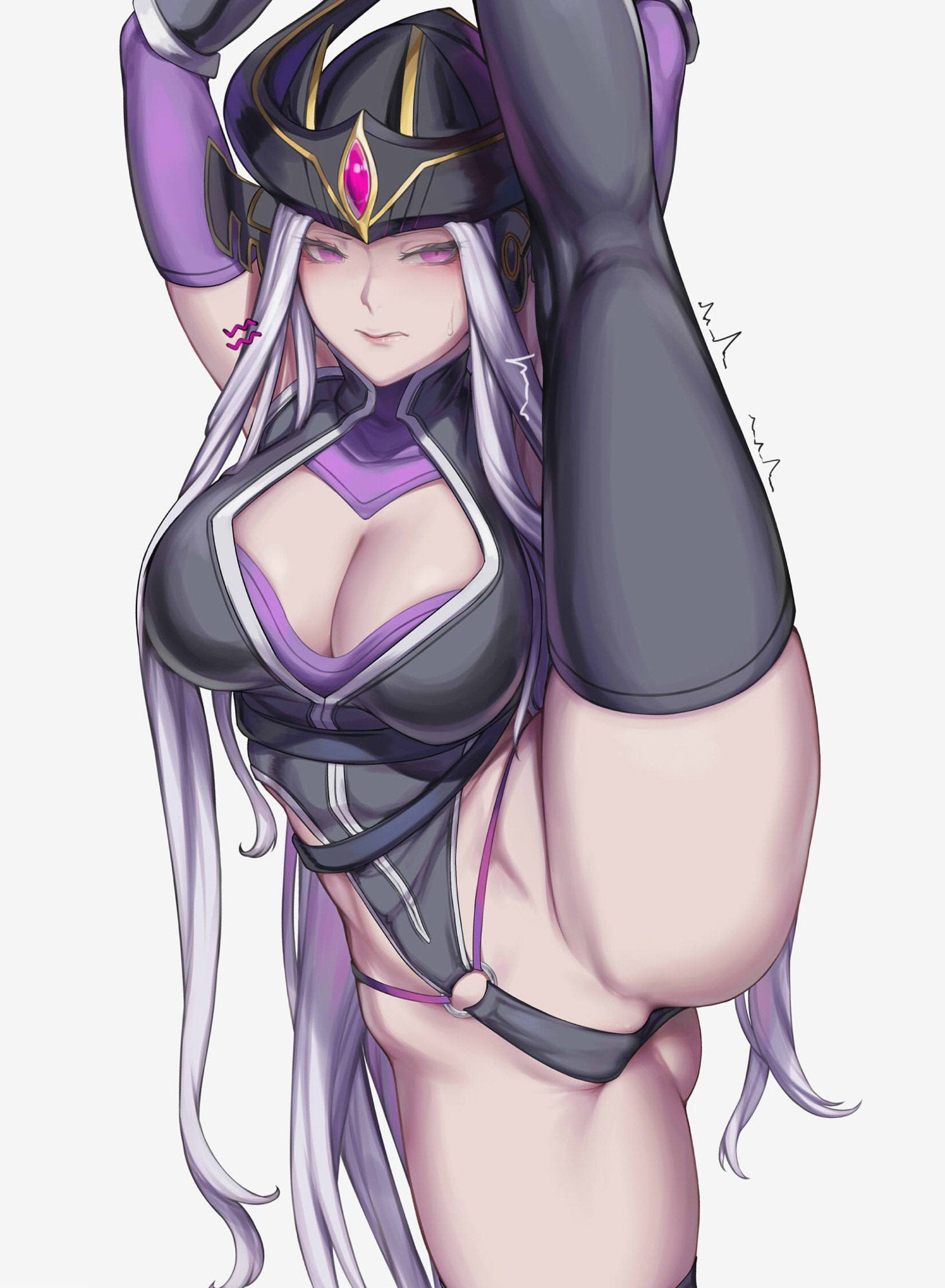 female, flexible, kumiko (aleron), league of legends, light skin, light-skinned female, long hair, pale skin, pale-skinned female, purple eyes, splits, spread legs, syndra, tagme, vertical splits, white hair