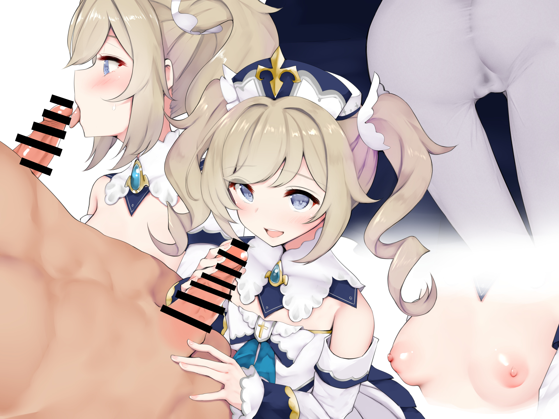 areolae, barbara (genshin impact), blonde hair, blue eyes, blush, breasts, breasts out, censor bar, censored, censored penis, clothed, clothed female, clothed female nude male, detached sleeves, embarrassed, fellatio, female, genshin impact, handjob, handwear, imminent oral, licking, licking penis, looking at viewer, male, medium hair, multiple views, nipples, no panties, nun, open mouth, open smile, oral, pantyhose, penis, pussy, simple background, small breasts, smile, straight, sweat, twintails, wet pussy, white legwear