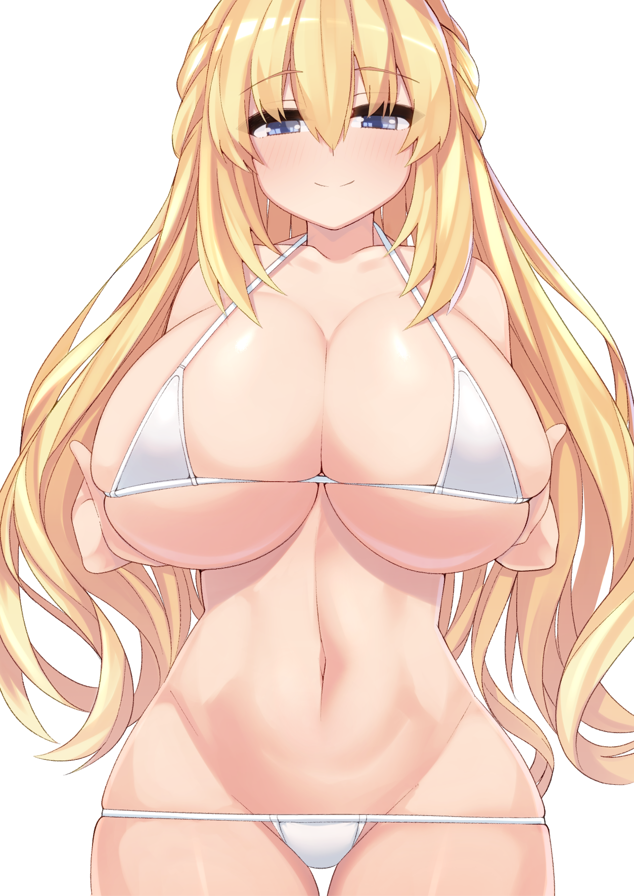 1girls, bikini, blonde hair, blue eyes, blush, breast hold, breasts, cleavage, dura, female, highres, huge breasts, long hair, looking at viewer, micro bikini, navel, neptunia (series), skindentation, solo, swimsuit, thigh gap, vert, very long hair, white background, white bikini