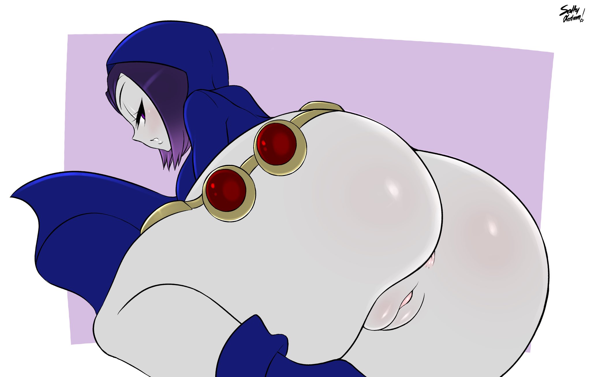 1girls, anus, ass, ass crack, big ass, bottomless, butt crack, cartoon network, dc, dc comics, eye contact, female, grey skin, huge ass, large ass, looking at viewer, looking back, massive ass, purple eyes, purple hair, pussy, rachel roth, raven (dc), saltyxodium, straight hair, teen titans, thick thighs, thighs, wide hips