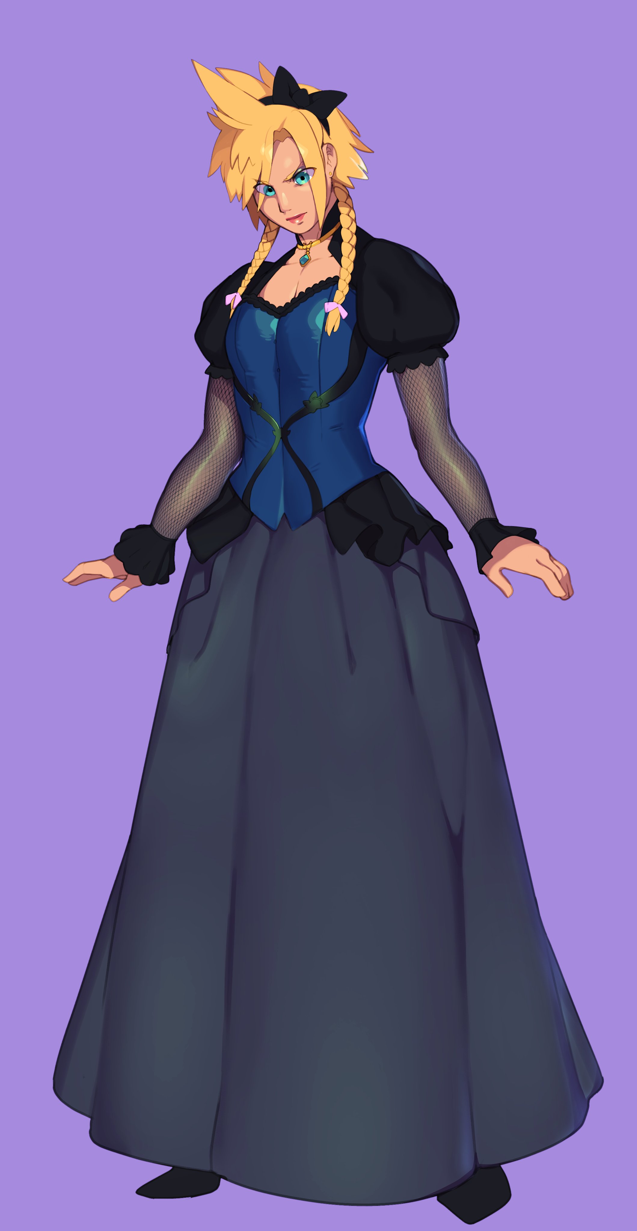 1boy, 1femboy, black dress, blonde hair, blue eyes, blush, buff, cloud strife, combos-n-doodles, crossdressing, dark background, dress, femboy, feminine male, final fantasy, final fantasy vii, fully clothed, girly, light skin, light-skinned femboy, lips, male, pink lips, purple eyeshadow, solo, spiky hair, trap, twin braids