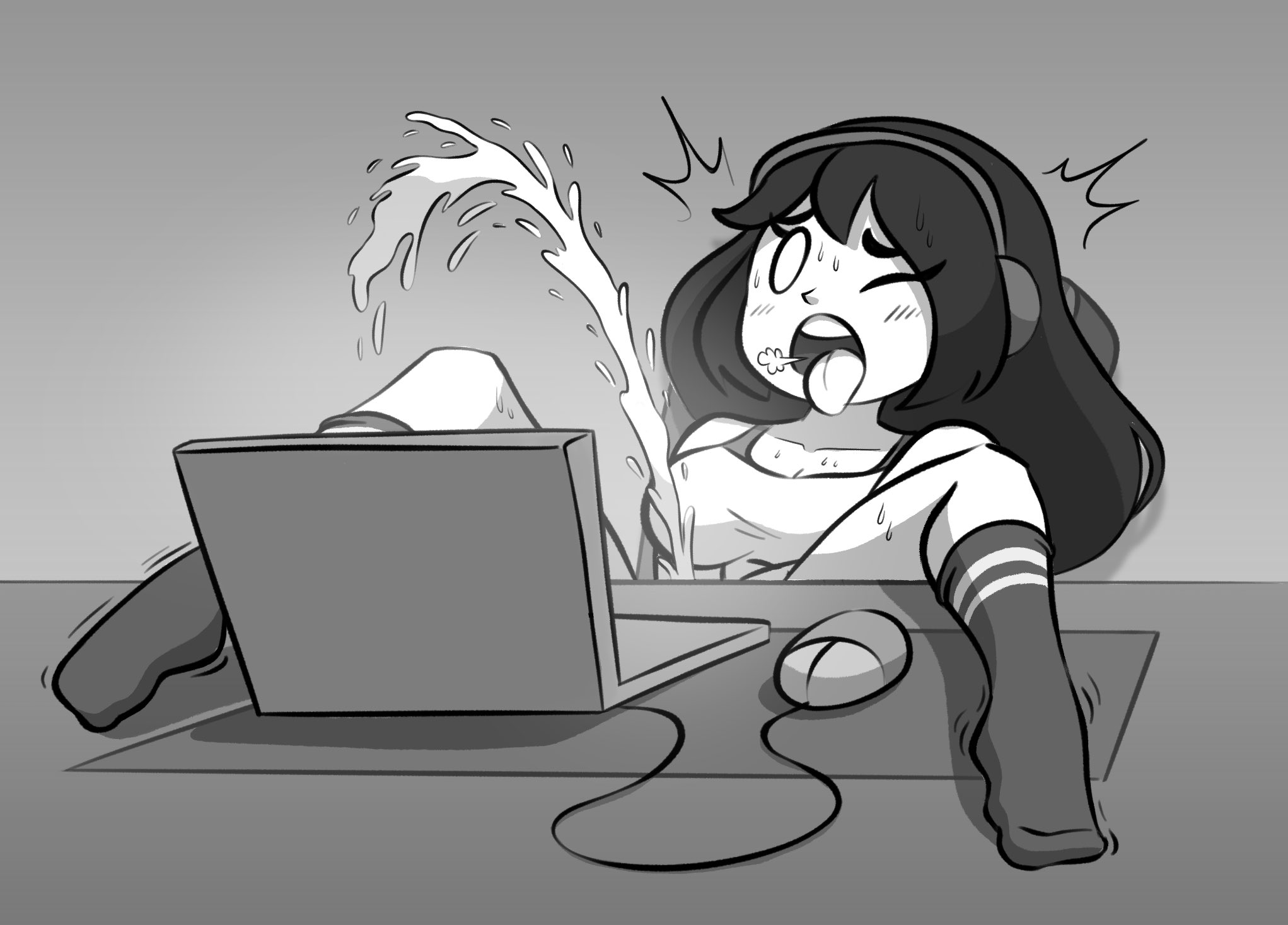 1girls, ahe gao, black hair, blush, computer, computer mouse, donut bonut, ejaculation, electronics, feet on table, female, female focus, female only, gooning, greyscale, headphones, highres, laptop, masturbation, one eye closed, open mouth, original, original character, socks, solo, solo female, solo focus, squirting, sweating, tongue, tongue out